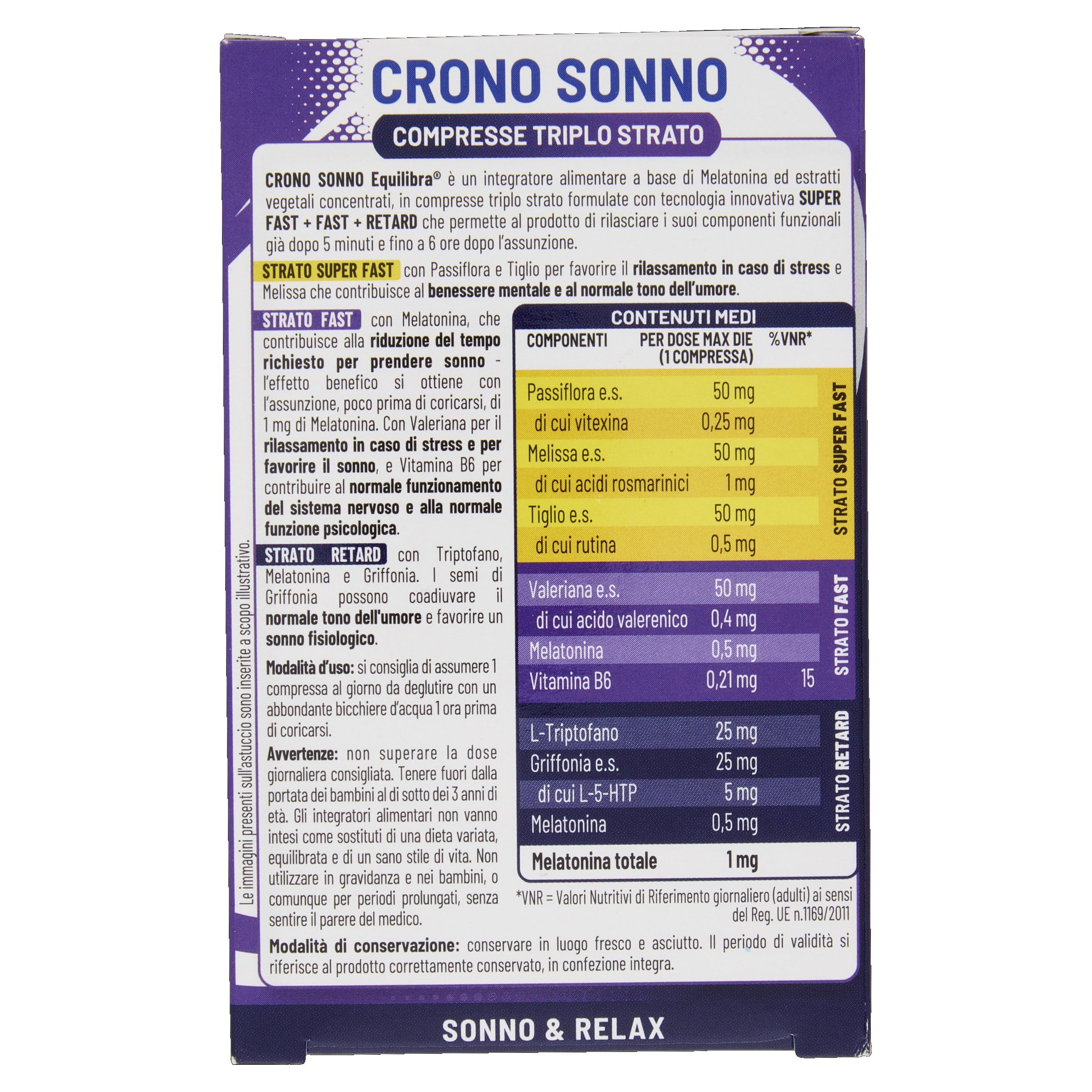 Equilibra Crono Sonno, Melatonina in Compresse Triplo Strato, Rilascio Prolungato fino a 6 ore, Rilassamento e Addormentamento, Tecnologia Super Fast + Fast + Retard, Vegan, Senza Glutine e Lattosio