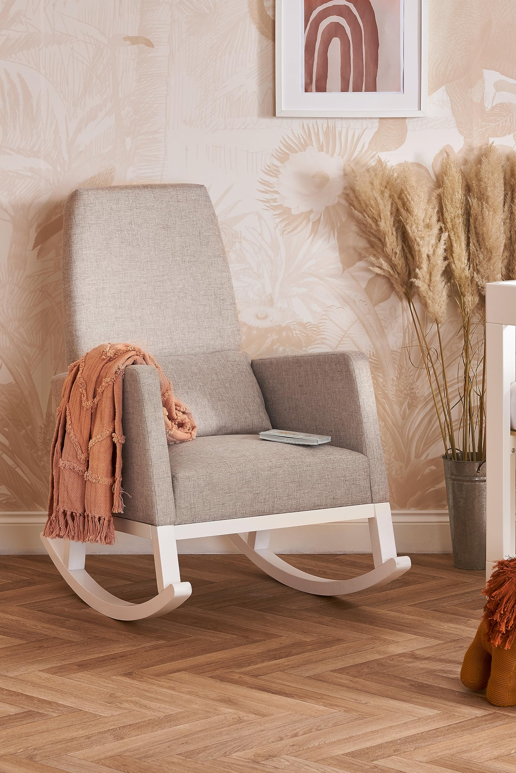 Obaby High Back Rocking Chair – Stone Fabric Upholstered Nursery & Living Room Rocker with Padded Seat and Solid Wooden Legs