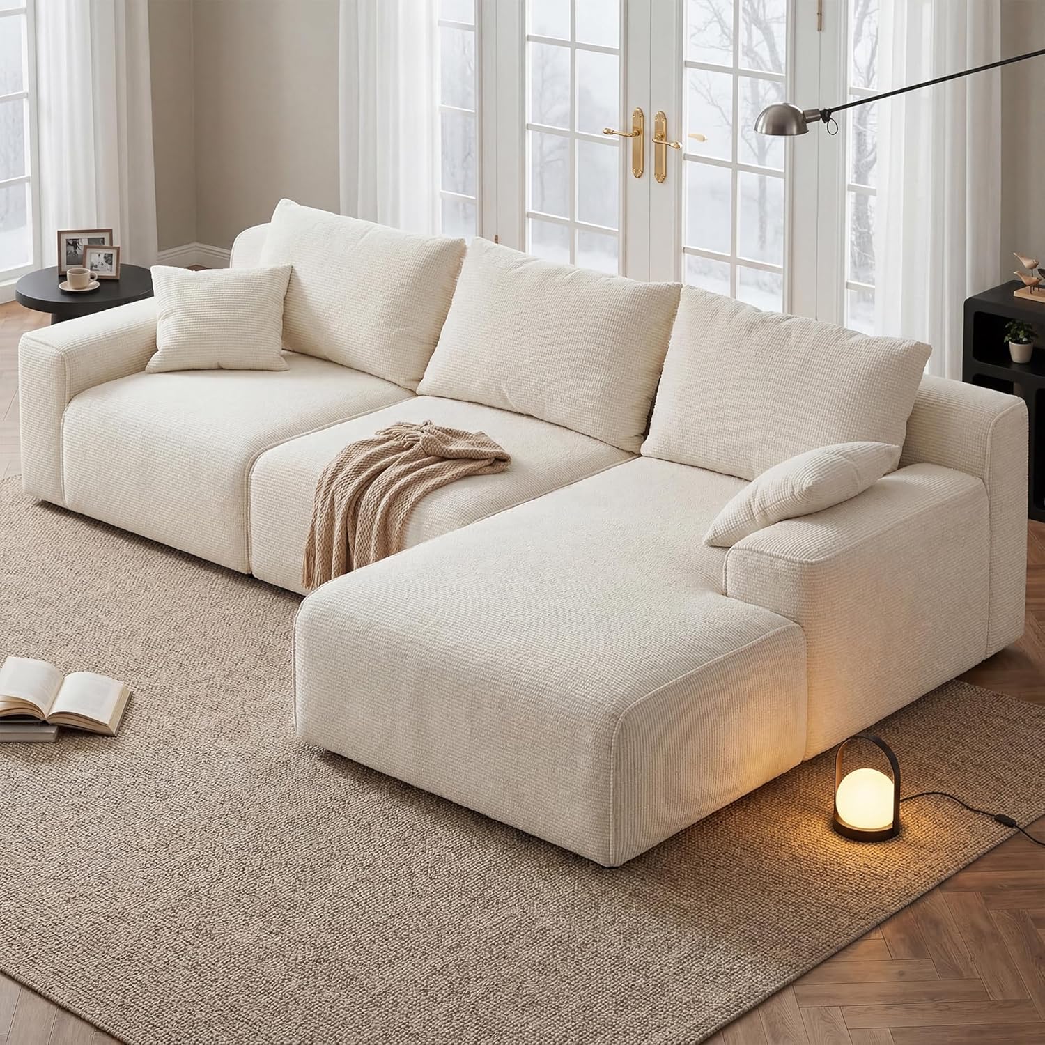 Homkdom L-Shaped Cloud Boneless Couch with Deep Seat, Modular Sectional Sofa with Oversized Chaise, 6 Layouts Combination for Living Room, Apartment, No Assembly (White Check, Right Facing Chaise)