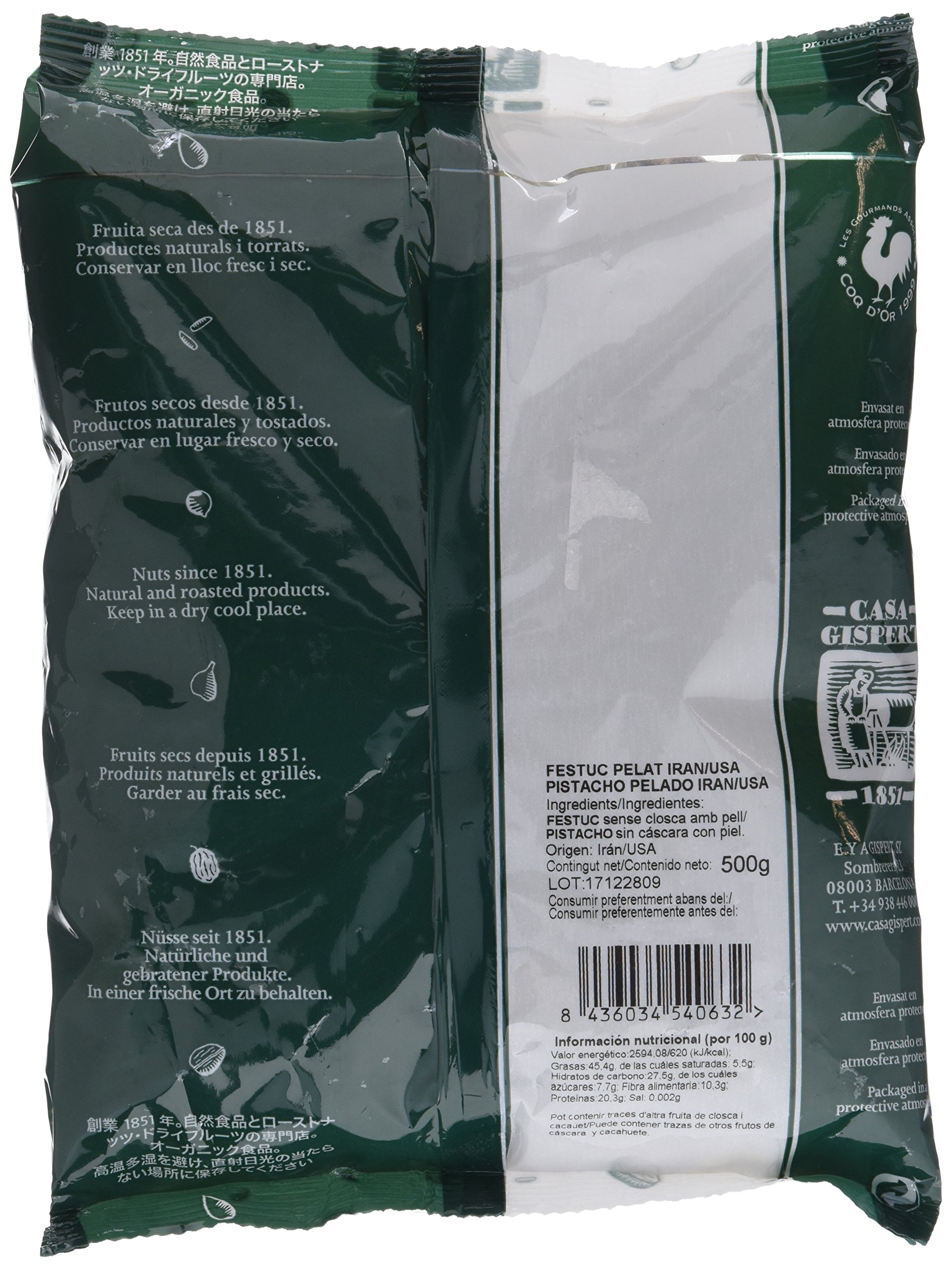 Casa Gispert - Pistacho - Sin Gluten, Vegano (500g, Crudo - Sin Cáscara - País)