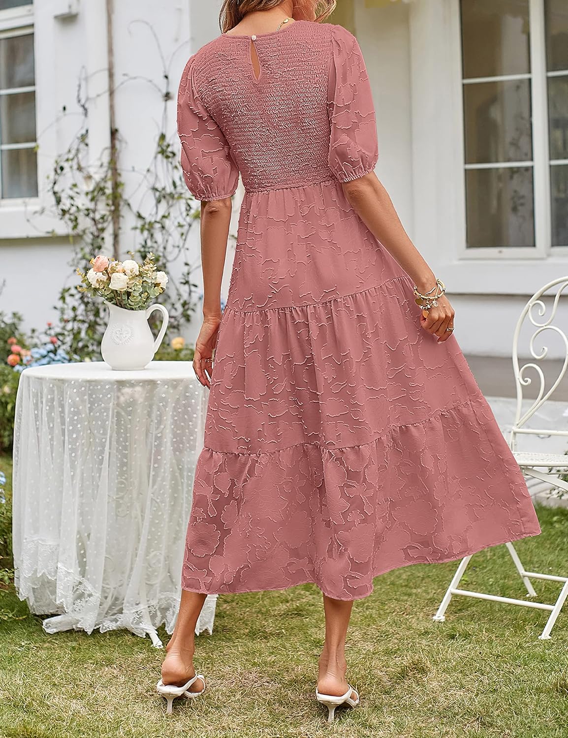 MEROKEETY Women's 2025 Summer Puff Sleeve Smocked Floral Dress Crewneck Lace Flowy Tiered Midi Dresses - Image 4