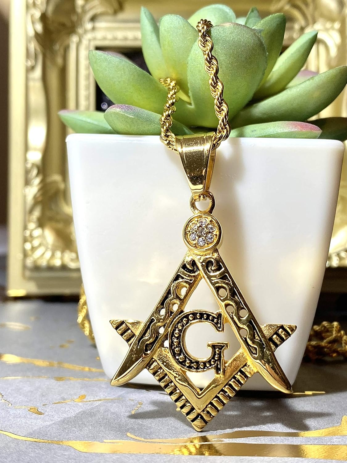 Freemason Masonic Pendant Necklace – 14k Gold Finish Iced Triangle G Charm with 2.5mm Rope Chain, Stainless Steel Symbolic Jewelry for Men & Women
