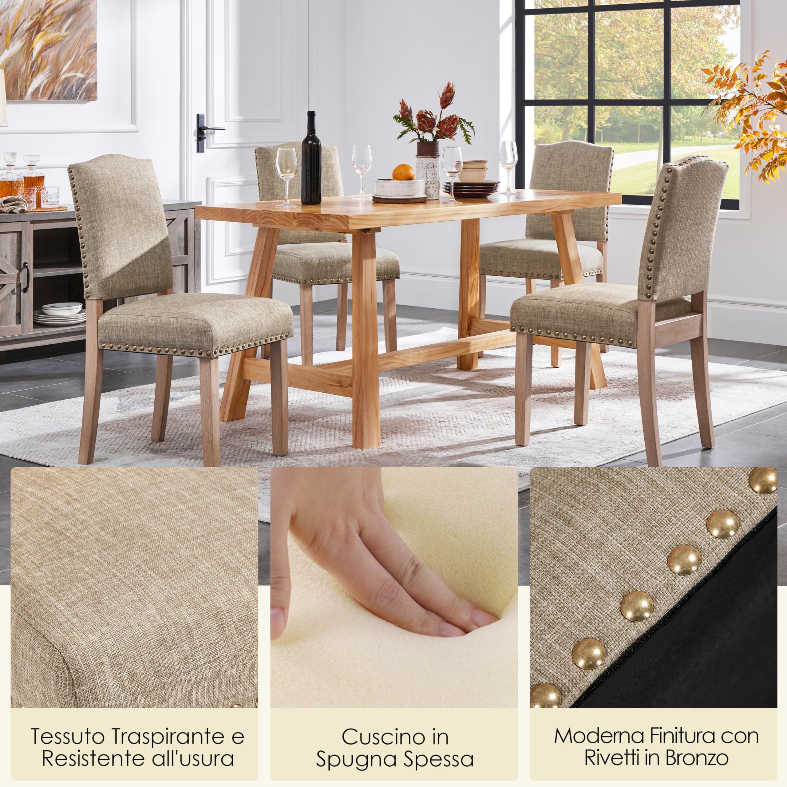 Yaheetech Set 4 Sedie da Pranzo Imbottite in Tessuto con Gambe in Legno | Cachi, Design Classico Elegante, Gambe in Legno, Ideali per Cucina e Soggiorno, Schienale Ergonomico e Comfort Quotidiano