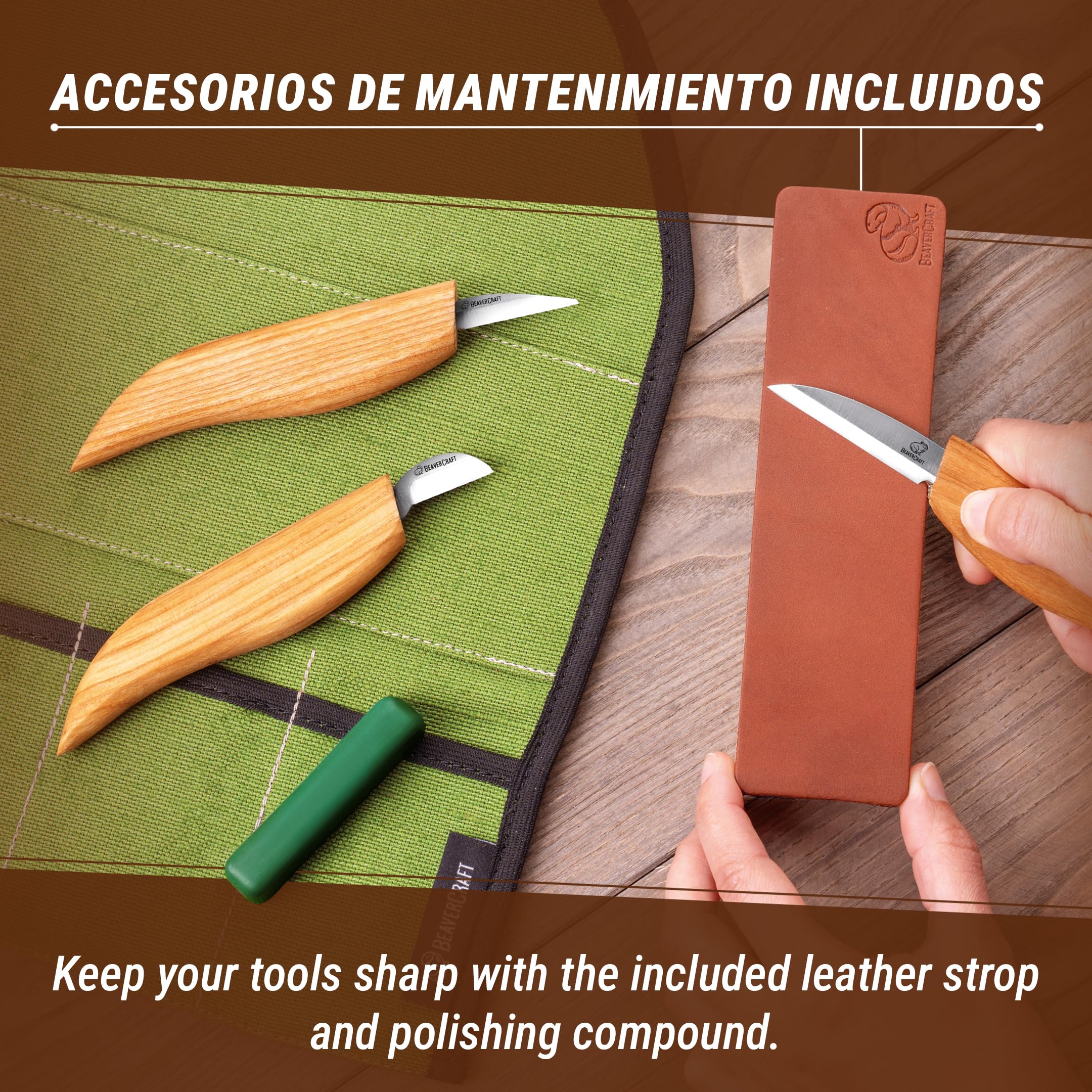 BeaverCraft Kit Cuchillos Tallado Madera S15 – Kit Whittling para Principiantes y Niños, Con Cuchillo Detalle Sloyd, Correa de Cuero, Compuesto de Pulido y Tutoriales