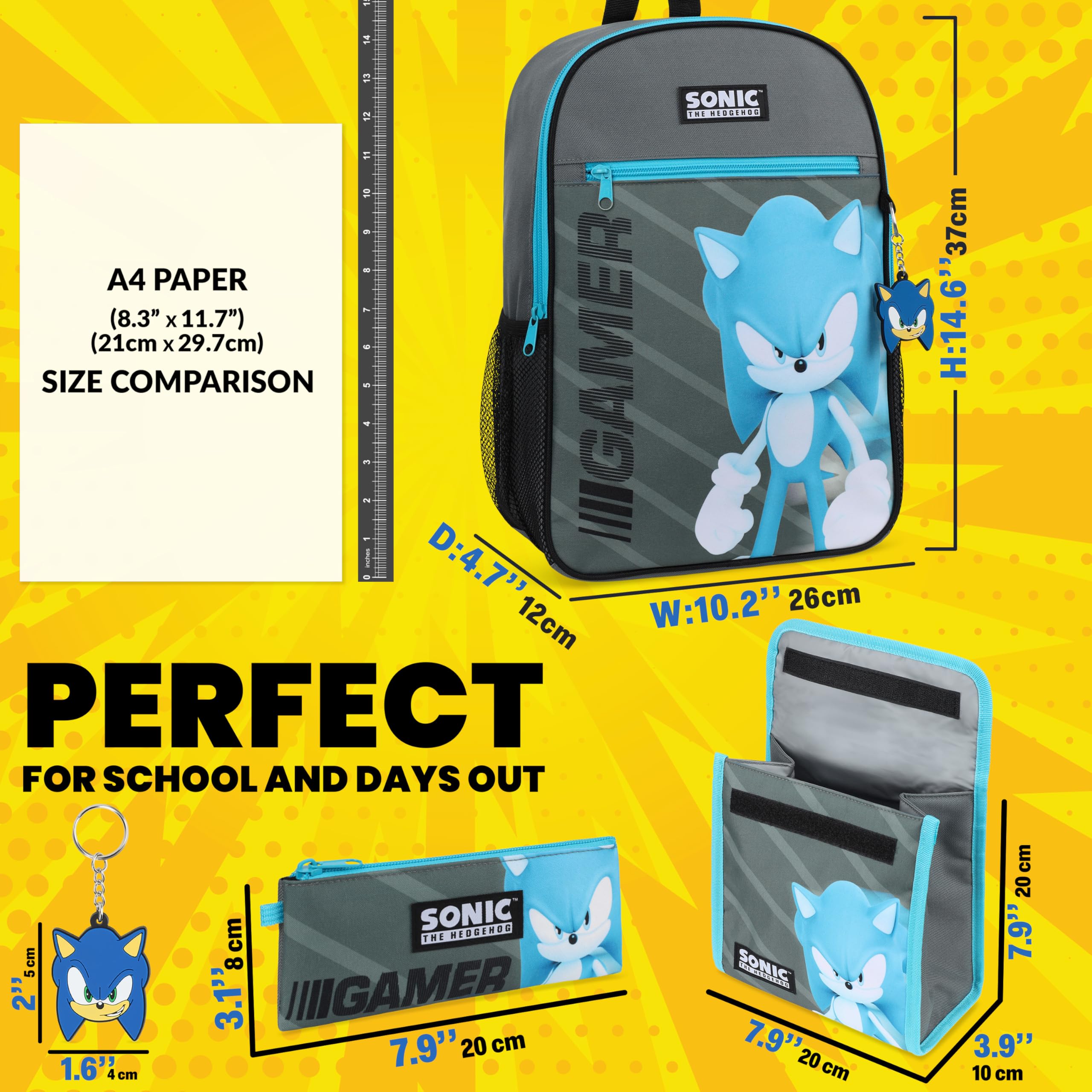 Sonic The Hedgehog Boys Backpack School Bag Sets with School Bag Lunch Bag Pencil Case Keyring 4 Piece Kids Travel Bag Set Sonic Gifts