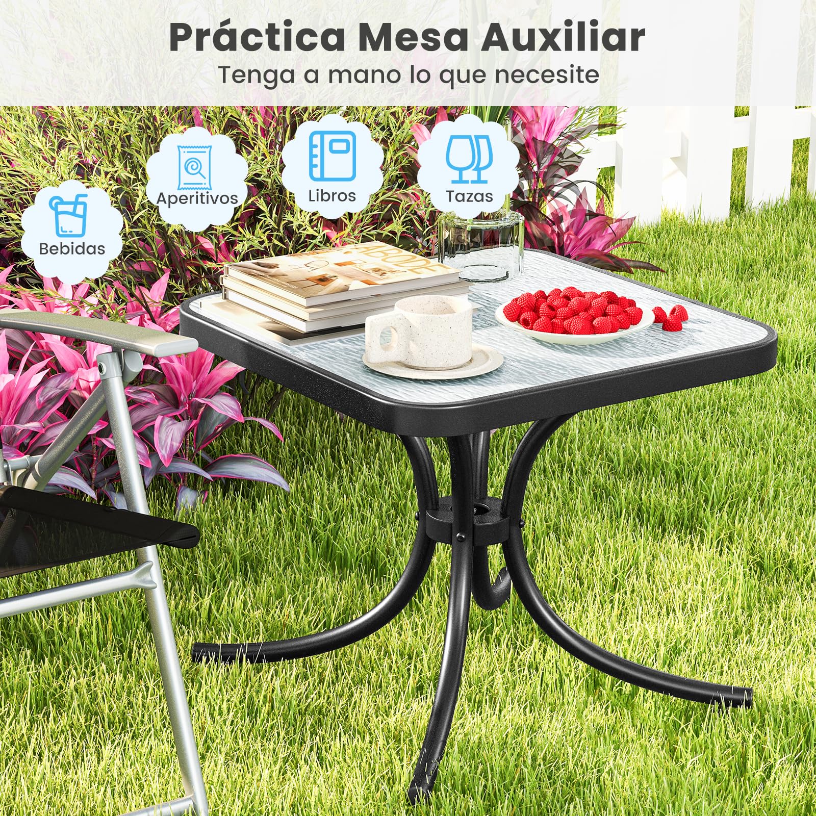 GIANTEX Mesa de Jardín 50 x 50 x 45 cm, Mesa Cuadrada con Tablero de Cristal Templado, Estructura Metálica Resistente, Mesa de Café para Jardín, Balcón, Piscina, Color Negro