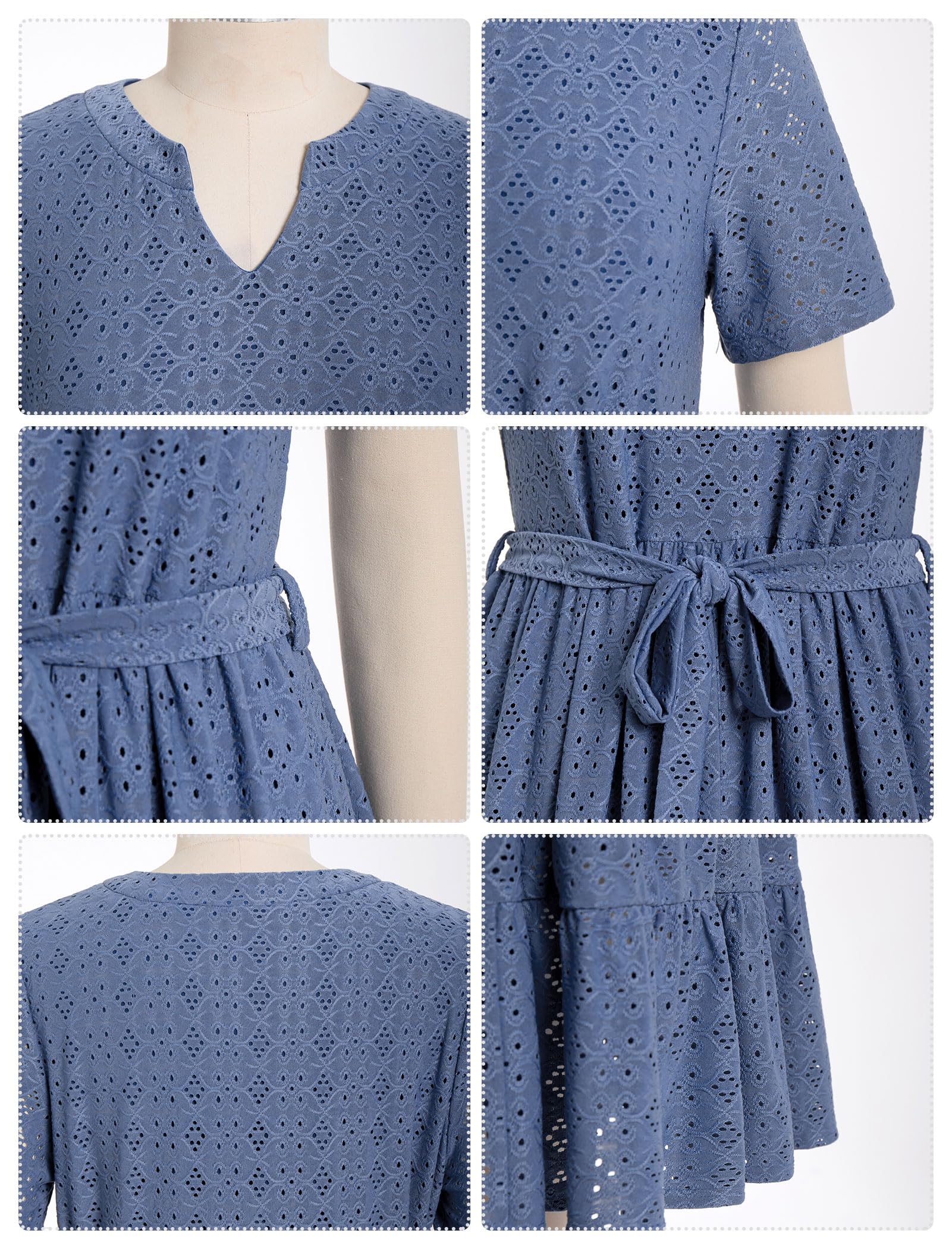 Damen Sommerkleid Elegantes Kurzarm-Kleid mit Lochstickerei Midi-Sommerkleid Knielanges A-Linien-Kleid mit Gürtel für Freizeit Urlaub Strand Büro Hochzeit Party