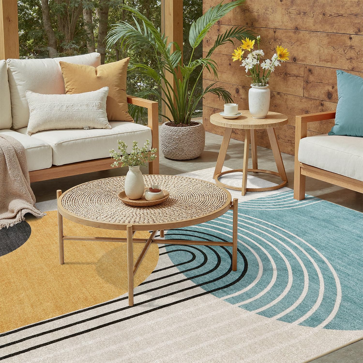 2026 Mid Century Area Rug Roundup for Real Homes 1 DCX Abstract Washable 5x7 Rug, Non Slip Low Pile Rug, Blue & Yellow — product photo