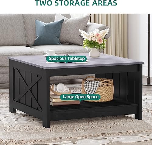 Miniatura 34 de YITAHOME Mesa de centro de granja con almacenamiento, mesa de cóctel de madera rústica, mesas de centro cuadradas para sala de estar, sala de Gris