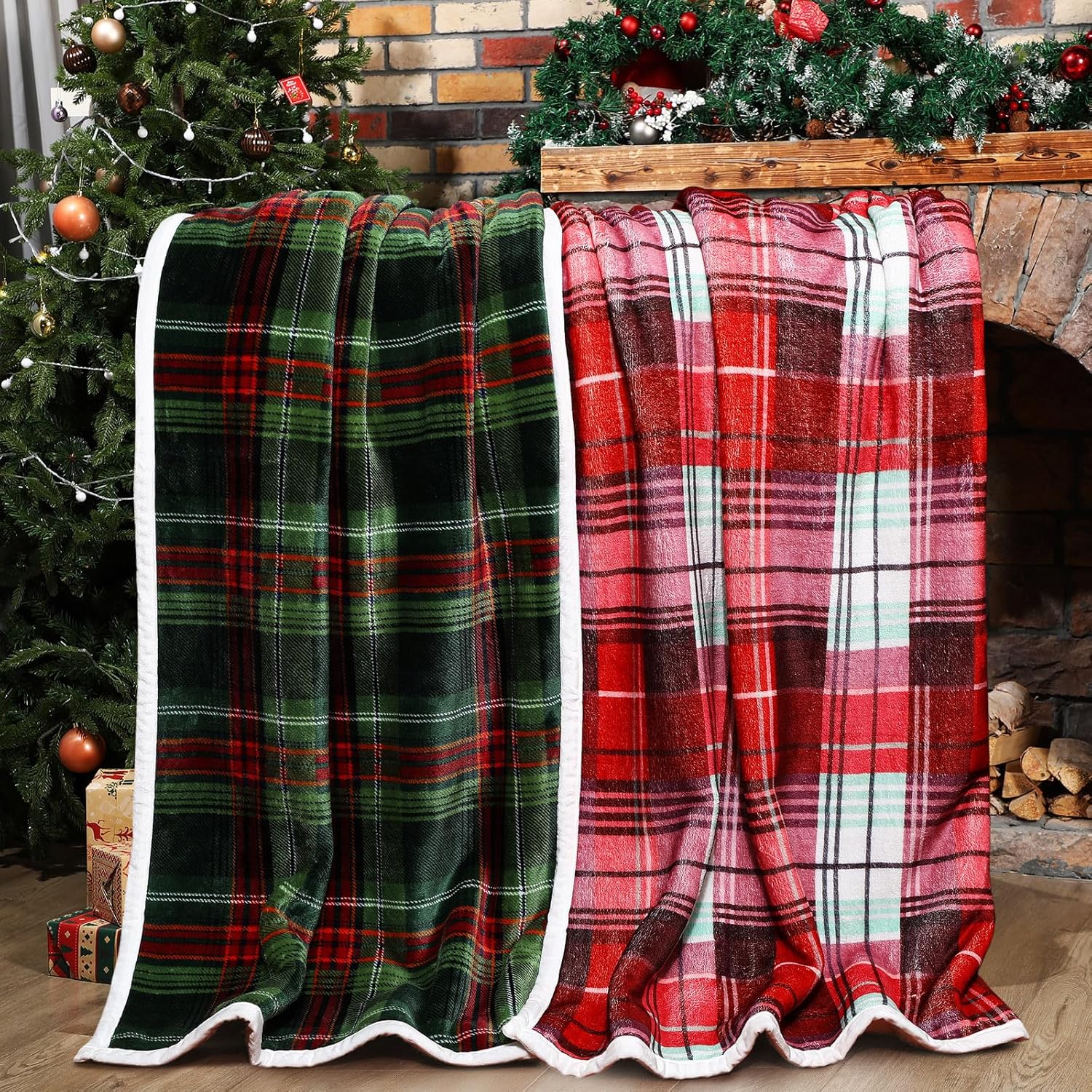 Tiamon 2 Pcs Winter Throw Blanket Bulk Reversible Sherpa Flannel Fleece Blanket 460 GSM Buffalo Cozy Plaid Blanket 50" x 60" Xmas Holiday Plush Warm Soft Blanket for Couch Bedding