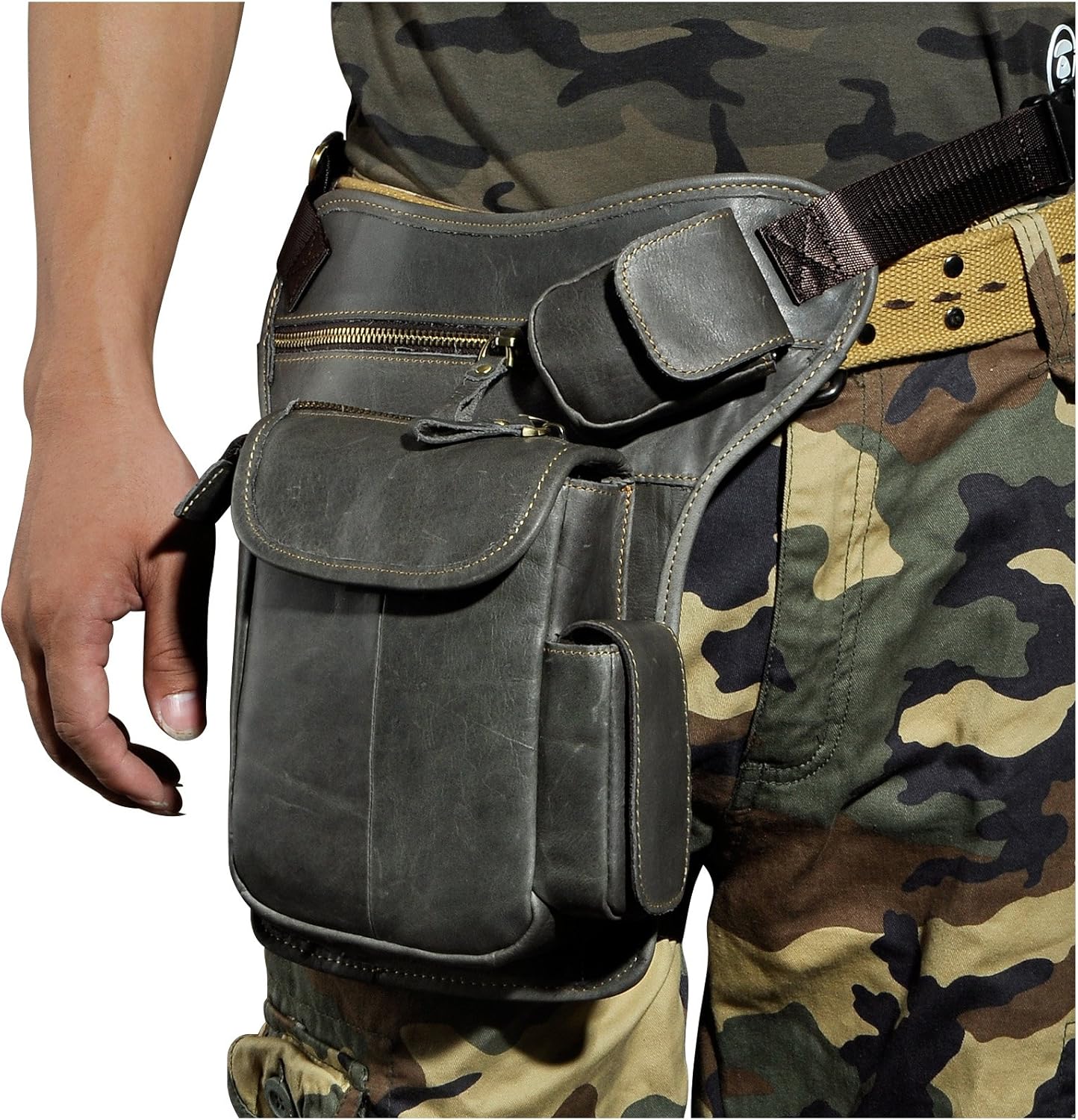 Le'aokuu Mens Genuine Leather Motorcycle Hiking Belt Waist Hip Bum Pack Drop Leg Bag Pouch 3106