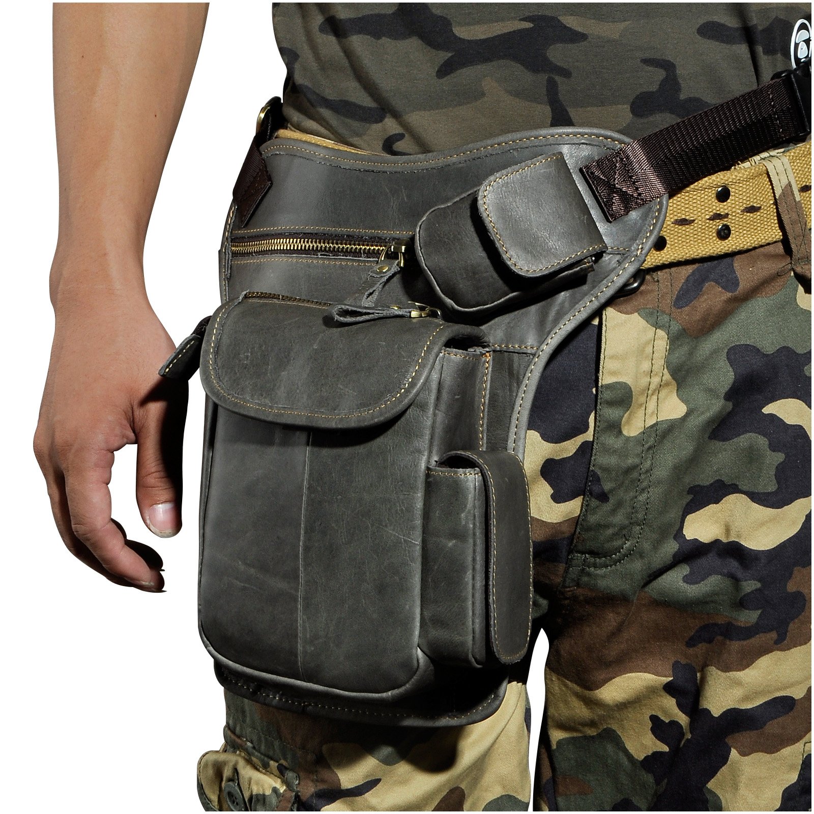 Le'aokuu Herren Echtes Leder Tasche Beinbeutel Beintasche Außenbeintasche Hüfttasche Drop Leg Thigh Bag Motorrad Tactical Messenger Bag 3106