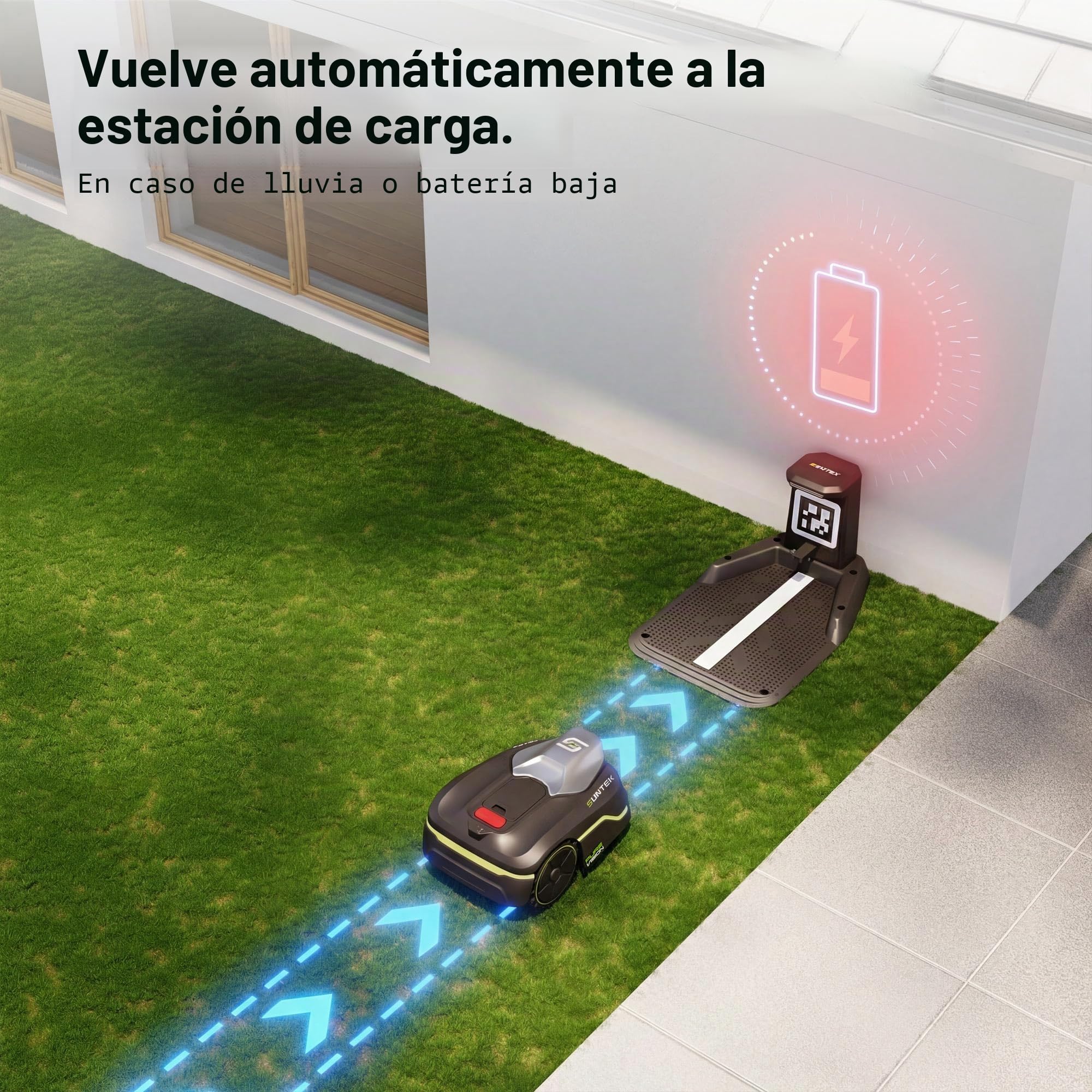 SUNTEK Robot cortacésped inalámbrico periférico – Robot recortadora IA + visión para 250 m², tecnología IA cámara, pendiente hasta 35°, estanqueidad IPX5, cartografía automática, multizonas, control