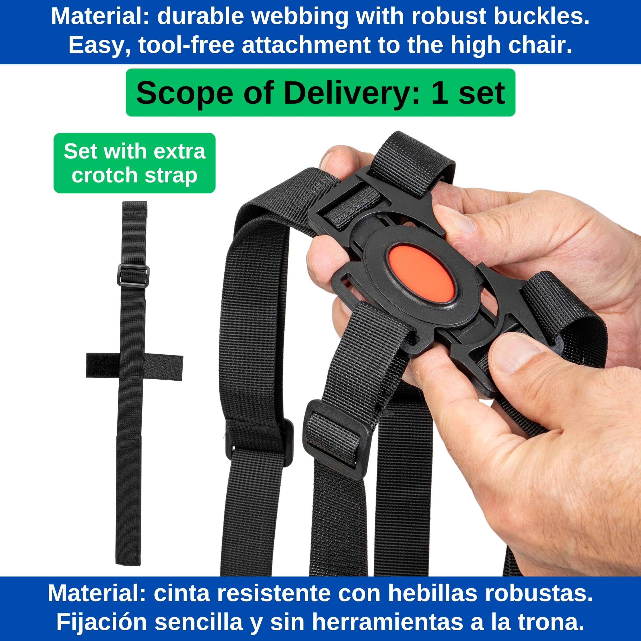 Your Day Mate 5-punktowy system uprzęży do wysokiego krzesełka, 1 zestaw, kompatybilny z BebeComfort, Kinderkraft, Safety 1st i wielu innych, w kolorze czarnym z paskiem krokowym