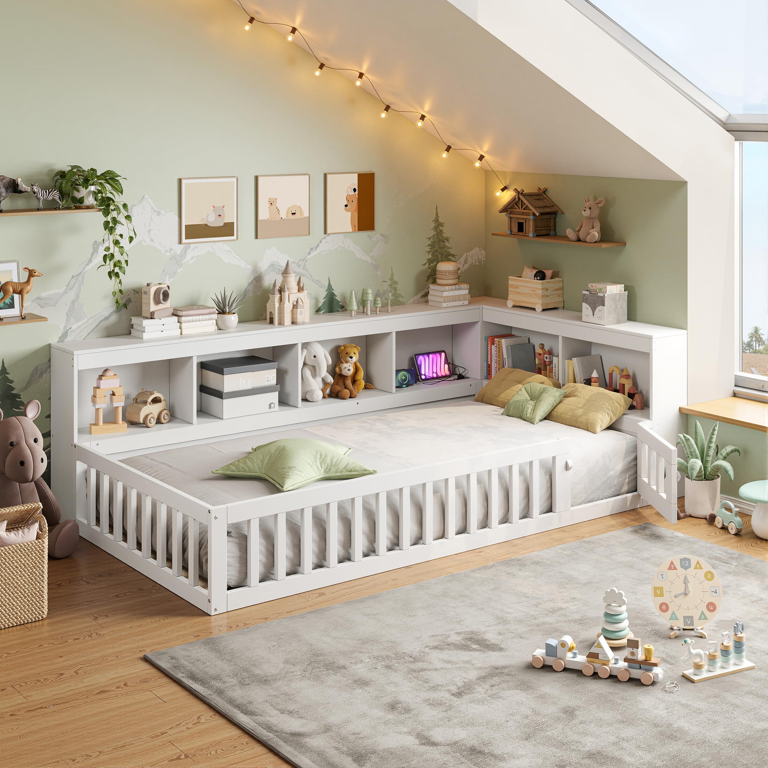 3ft Single Wooden Bed Frame with Storage Compartments & Charging Station, Low Platform Floor Bed with Slats & Guardrails & Door, Todder Solid Wood Children Kids Junior Bed,White,90x190 cm,No Mattress