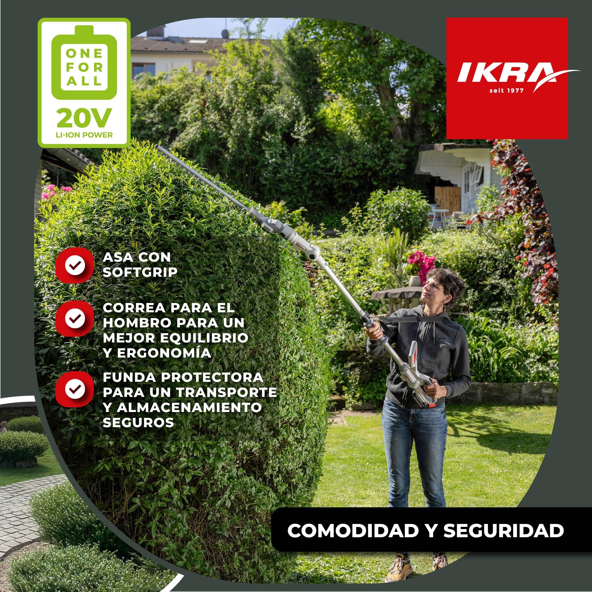 IKRA Cortasetos a batería 2en1 ICPH 2050 con Barra telescópica | Incluye batería de 20V 2Ah y cargador, 2 en 1: conversión rápida a cortasetos telescópico, gama de baterías de 20 V de IKRA