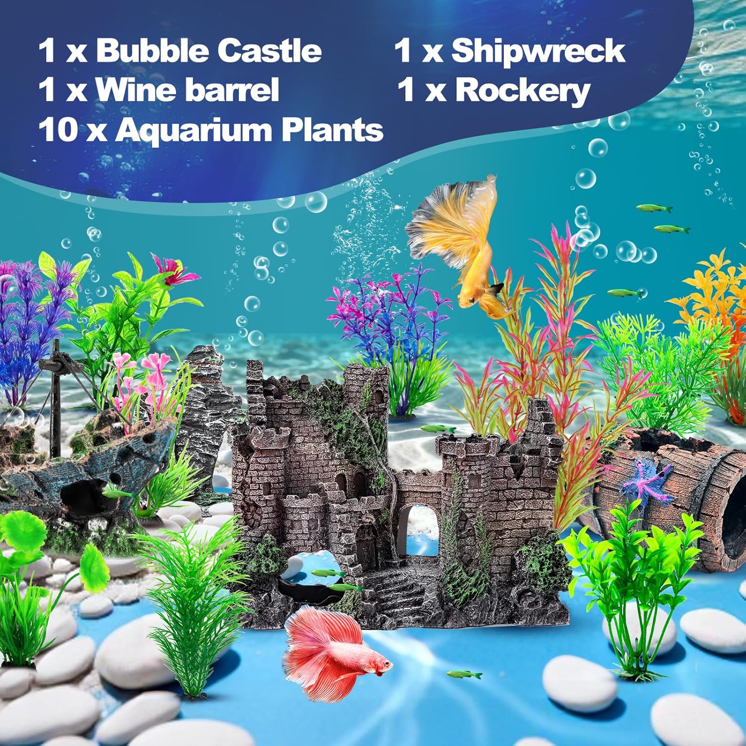 CousDUoBe 14 Pcs Aquarium Decorations Large Kit，Castle Fish Tank Bubbler Decorations，Starfish Barrel, Resin Cave Rock,Resin Material Sunken Ship,Aquarium Plants Large Fish Bowl Ornaments