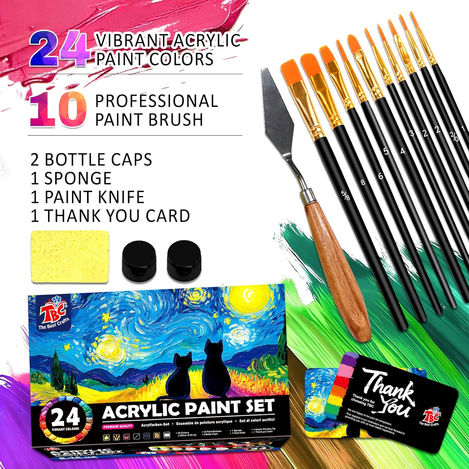 TBC The Best Crafts 24 Colors Acrylic Paint Set, 250ml (8.45oz) Each, Non-Toxic, Includes 10 Professional Brushes + Sponge + Painting Knife, for Canvas Wood Ceramic Rock Painting & DIY Crafts for Adults Artists