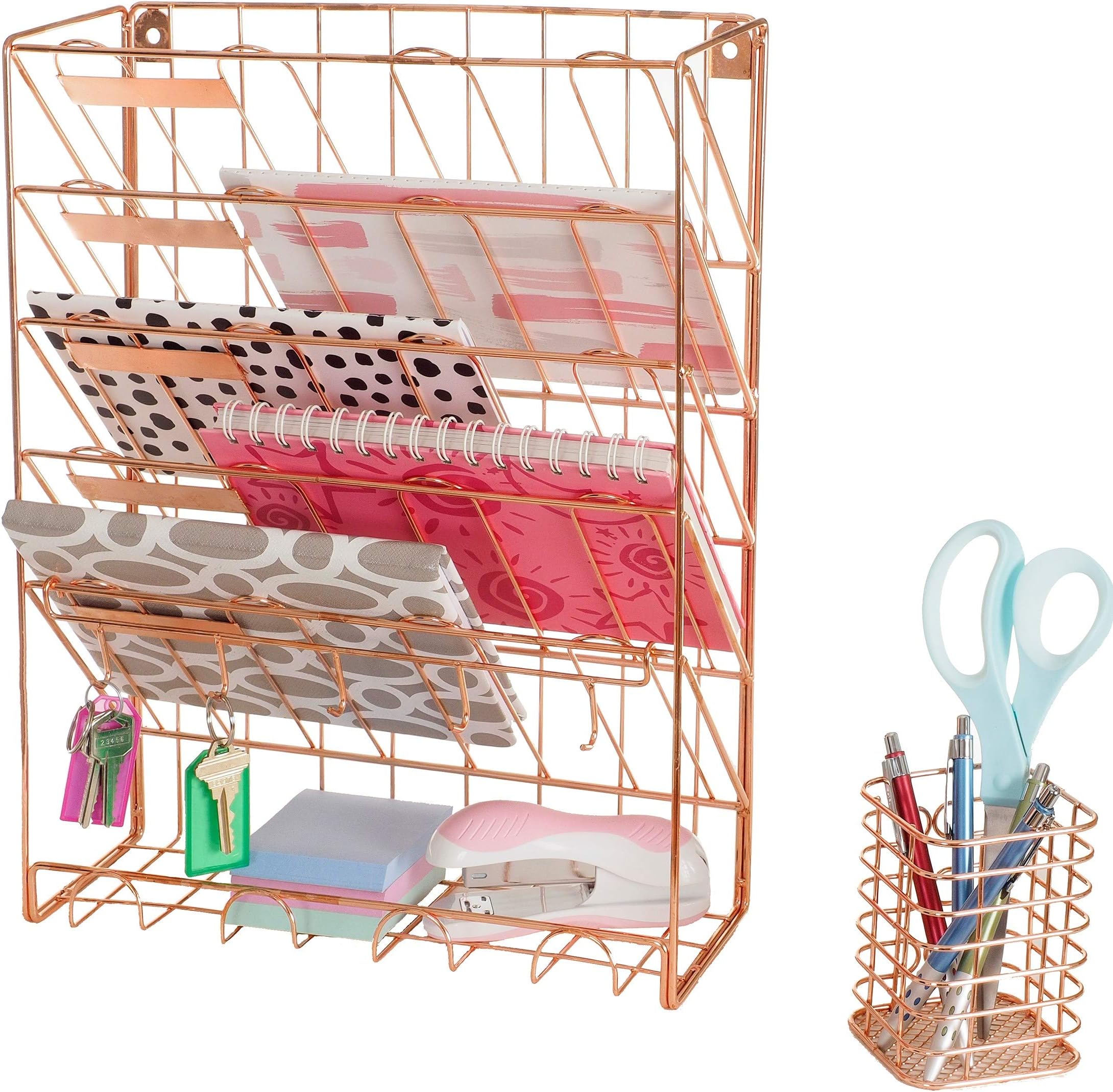 YLC - Hanging File Organizer with Key Hook and Pen Holder for Desk - Rose Gold Office Supplies, Desk Organization, Wall File Holder, Desktop File Organizer, Rose Gold Desk Organizer - Rose Gold Decor