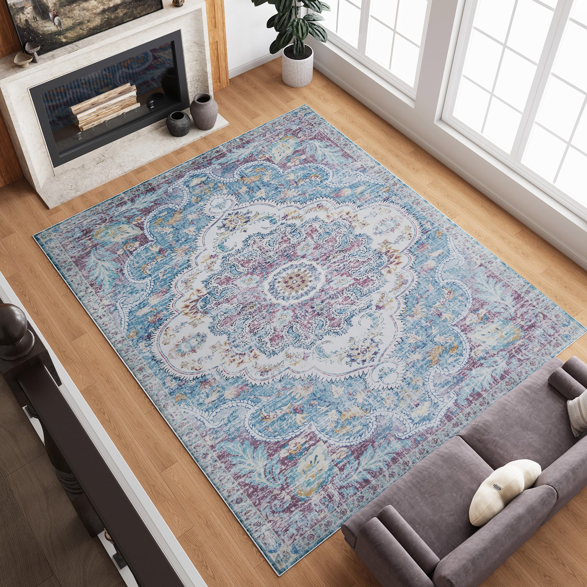 Belffin Color Washable Area Rug for Living Room. Soft Large Area Rug 6x9. Indoor Carpet. Pink Rug.