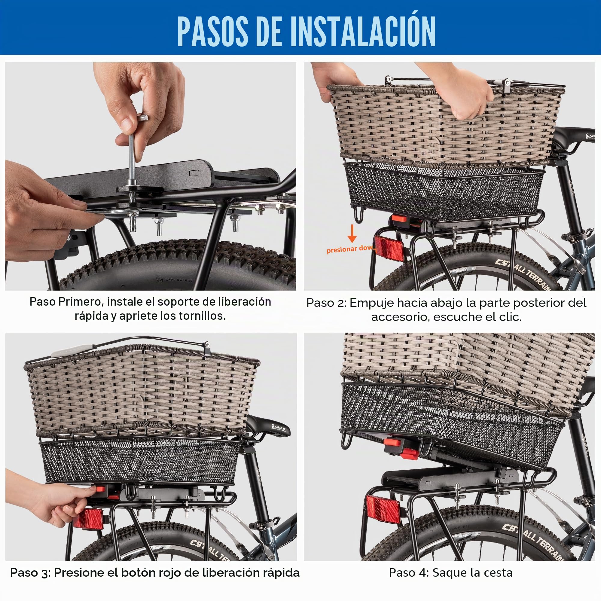 Cesta Trasera para Bicicleta – Gran Cesta Trasera con Cierre rápido, Red para Equipaje y Funda Impermeable, Cesta Tejida a Mano con Gran Capacidad