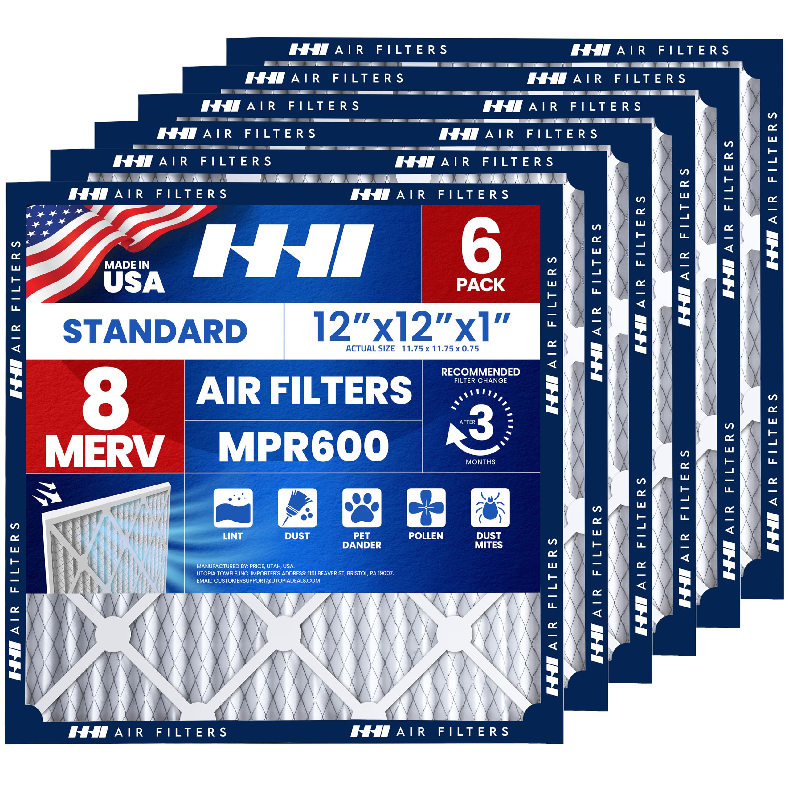 HHI 12x12x1 Air Filter 6 Pack MERV 8 Pleated HVAC AC Furnace Filters, Made in USA - 450GSM Rigid Frame, Captures Dust, Lint & Pollen (Actual Size 11.75 x 11.75 x 0.75 Inches)