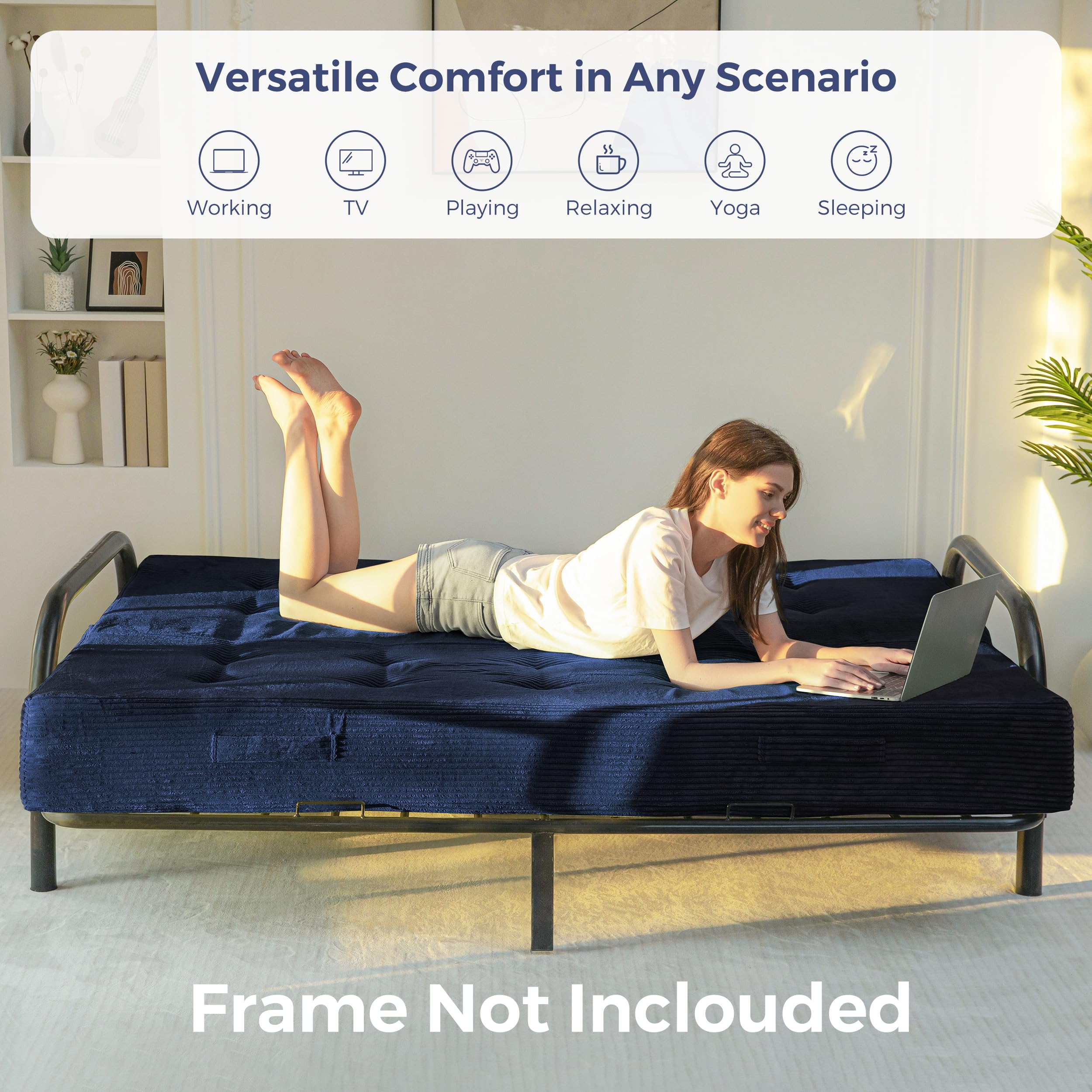 MAXYOYO Foldable Mattress, 8-Inch Tufted Futon Mattress with Handles | Tufted Floor Sofa Bed and Versatile Mattress, Carry Handles for Living Rooms or Guest Rooms, Frame Not Included, Navy