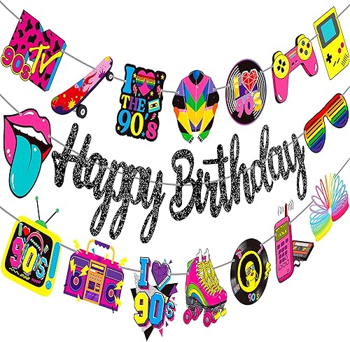 3 pancartas de fiesta de cumpleaños de los años 90 con temática retro de los años 90, decoraciones de fiesta de hip hop de los años 90, suministros