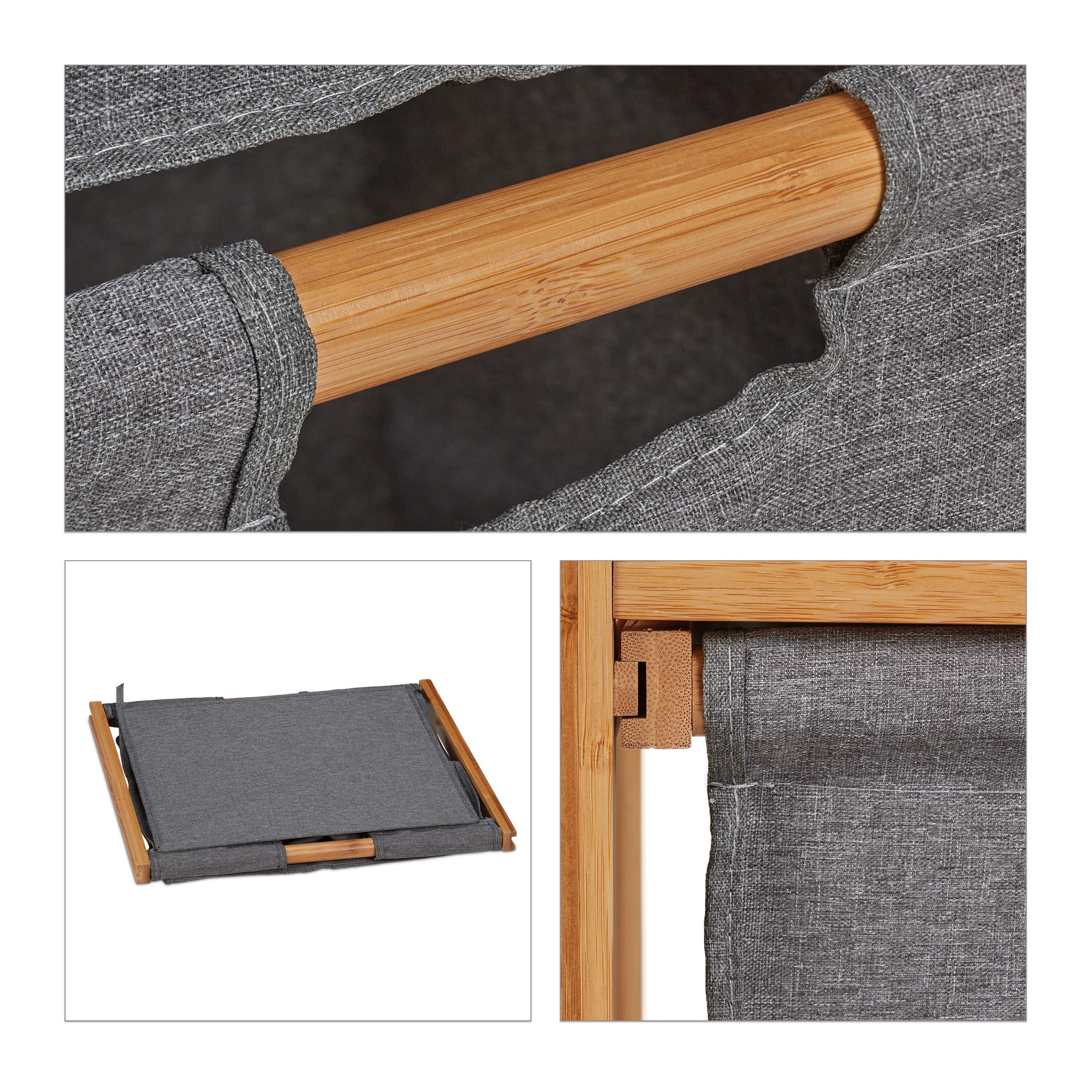 Relaxdays Mobile Bagno con Portabiancheria, Scaffale a Colonna in bambù, 2 Ripiani & 2 Cesti Estraibile, Naturale/Grigio