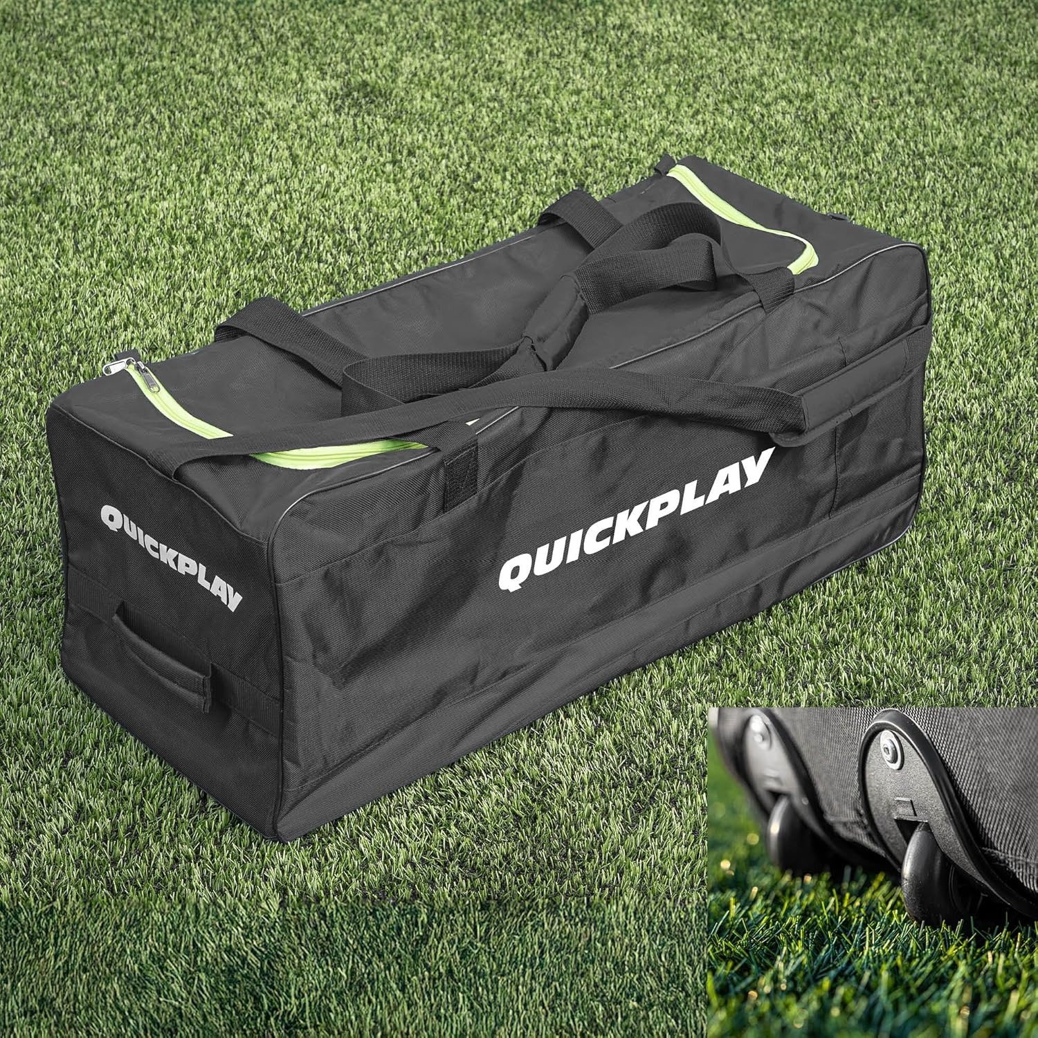 QUICKPLAY XL Soccer Equipment Bag - Black with Green Highlights | Durable Bag for Sports Gear - 140L Capacity | Robust Wheels for Transportation | Strong Reinforced Base | Weather Resistant Material