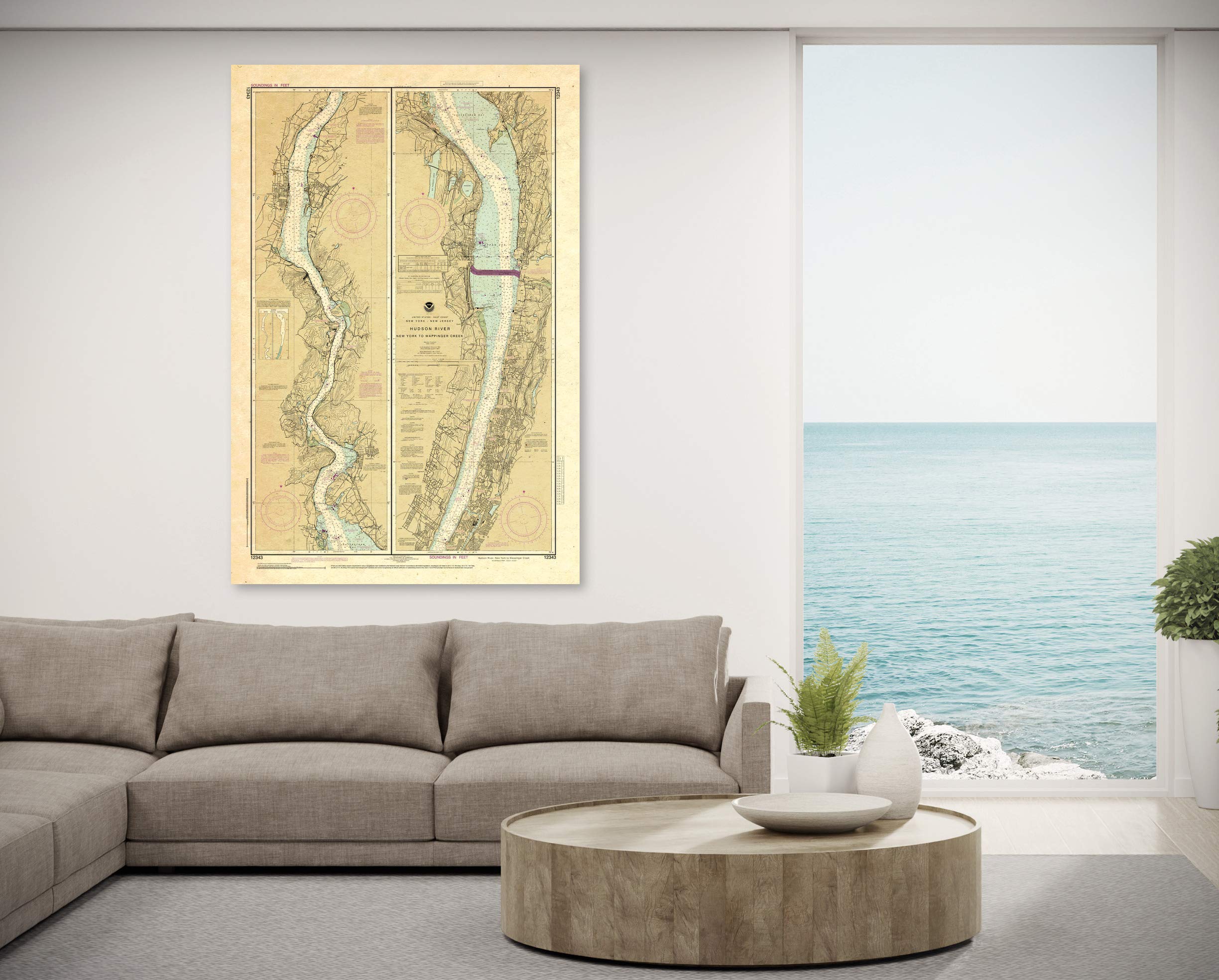 Paradise Cay Publications Antiqued NOAA Chart 12343: Hudson River New York to Wappinger Creek