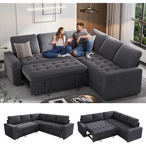 Sunny Heart Modular Sectional Sleeper Sofa with Pull Out Bed, Chenille L Shaped Sectional Sofa with USB Ports/Adjustable Backrest/Storage Seats, Tool-Free Assembly, Couches for Living Room Dark Grey