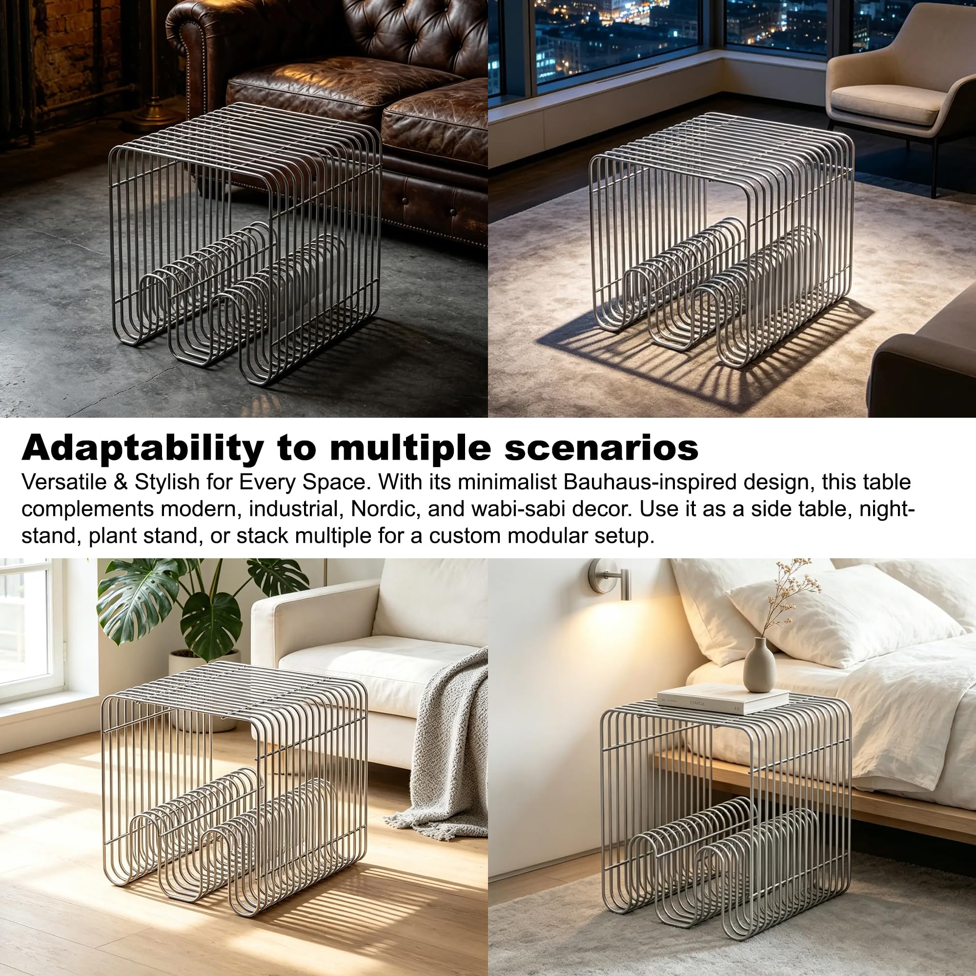 Retro Side Table, Accent Bedside Table for Living Room, Stainless Steel Linear Metal Small End Table, Iron Multi-Purpose Desktop Shelf