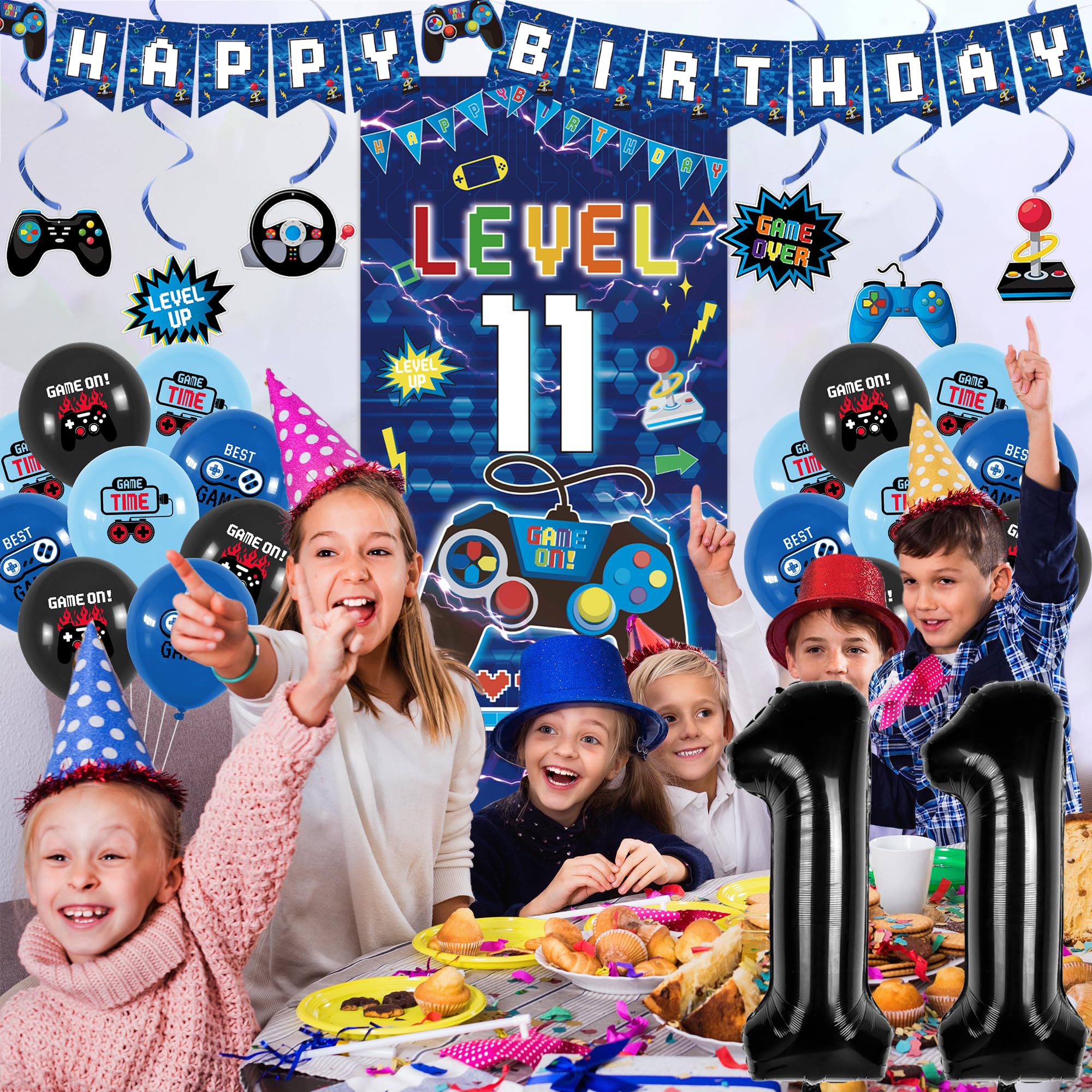 Vlipoeasn Decoraciones azules de cumpleaños número 11 para niños, pancarta de nivel 11 para videojuegos, telón de fondo con remolinos colgantes para fiesta de cumpleaños 11, suministros de fiesta de