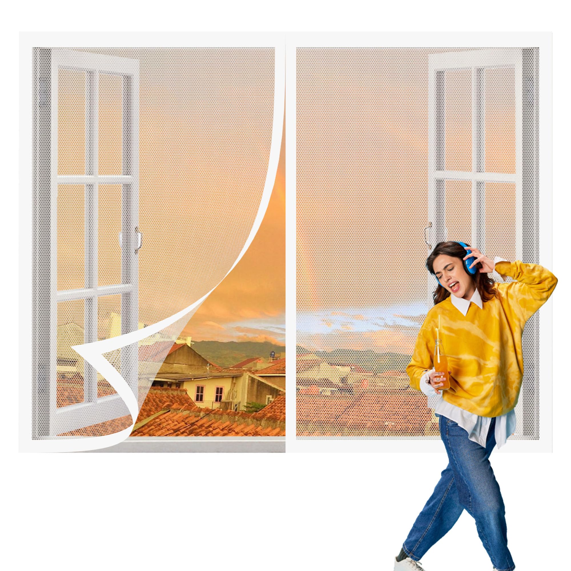 Magnetic Net Window 90 x 85 cm with Selfadhesive Insect Mesh Mosquito Net Window Fine Mesh Design Prevents Tiny Insects from Entering for Windows Doors and Patio Screens, White