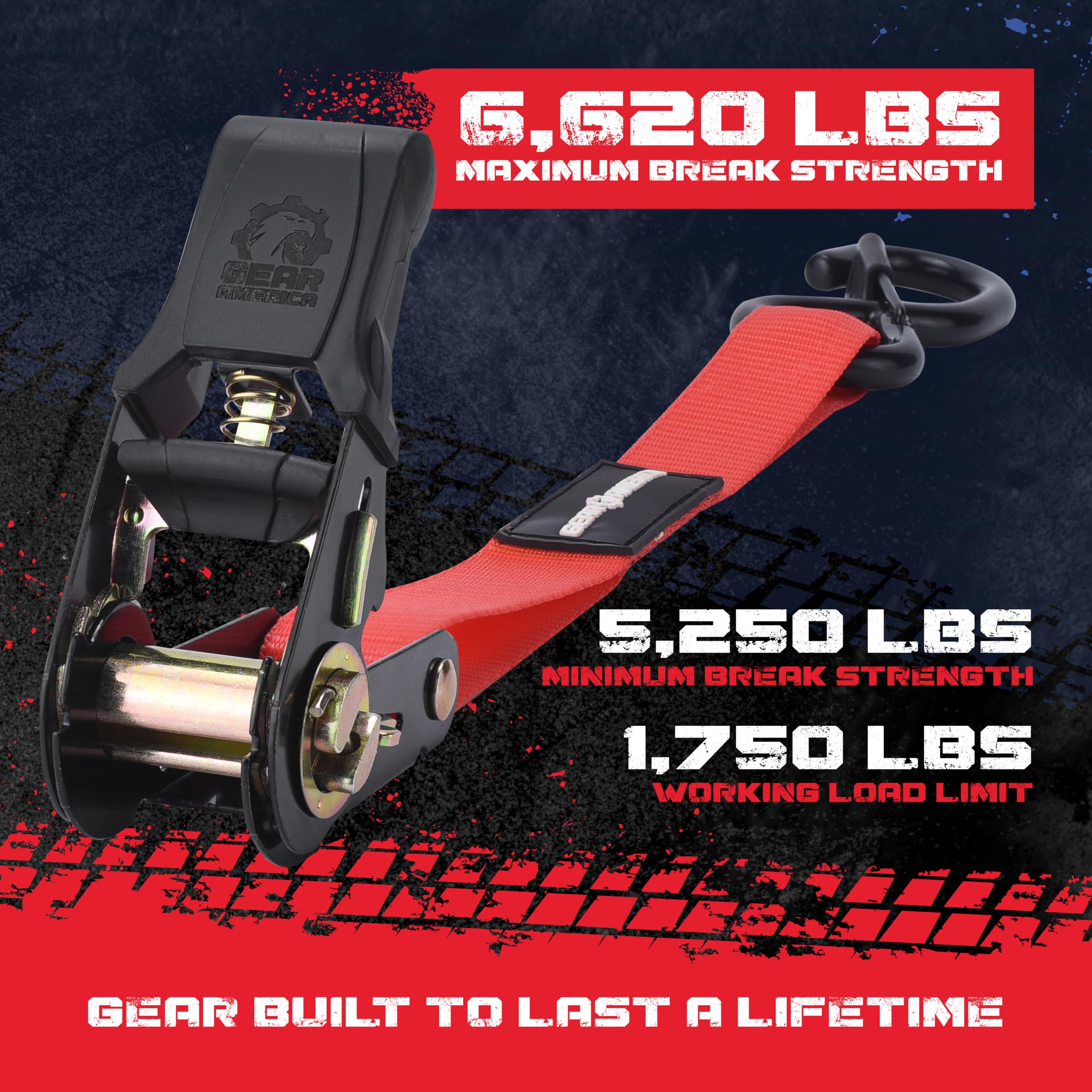 GearAmerica - Cinghie a cricchetto resistenti da 4,1 cm x 4,1 cm, kit di fissaggio per carichi, camion, moto, resistenza alla rottura di 826,9 kg con passanti morbidi, ganci a S rivestiti in gomma con