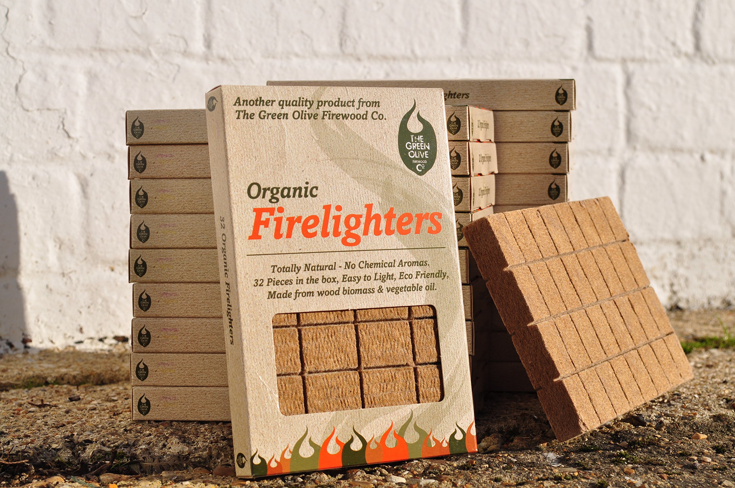 Green Olive Firewood Organic Piece x24 (24 Packs of 32 Firelighters), Natural, 12