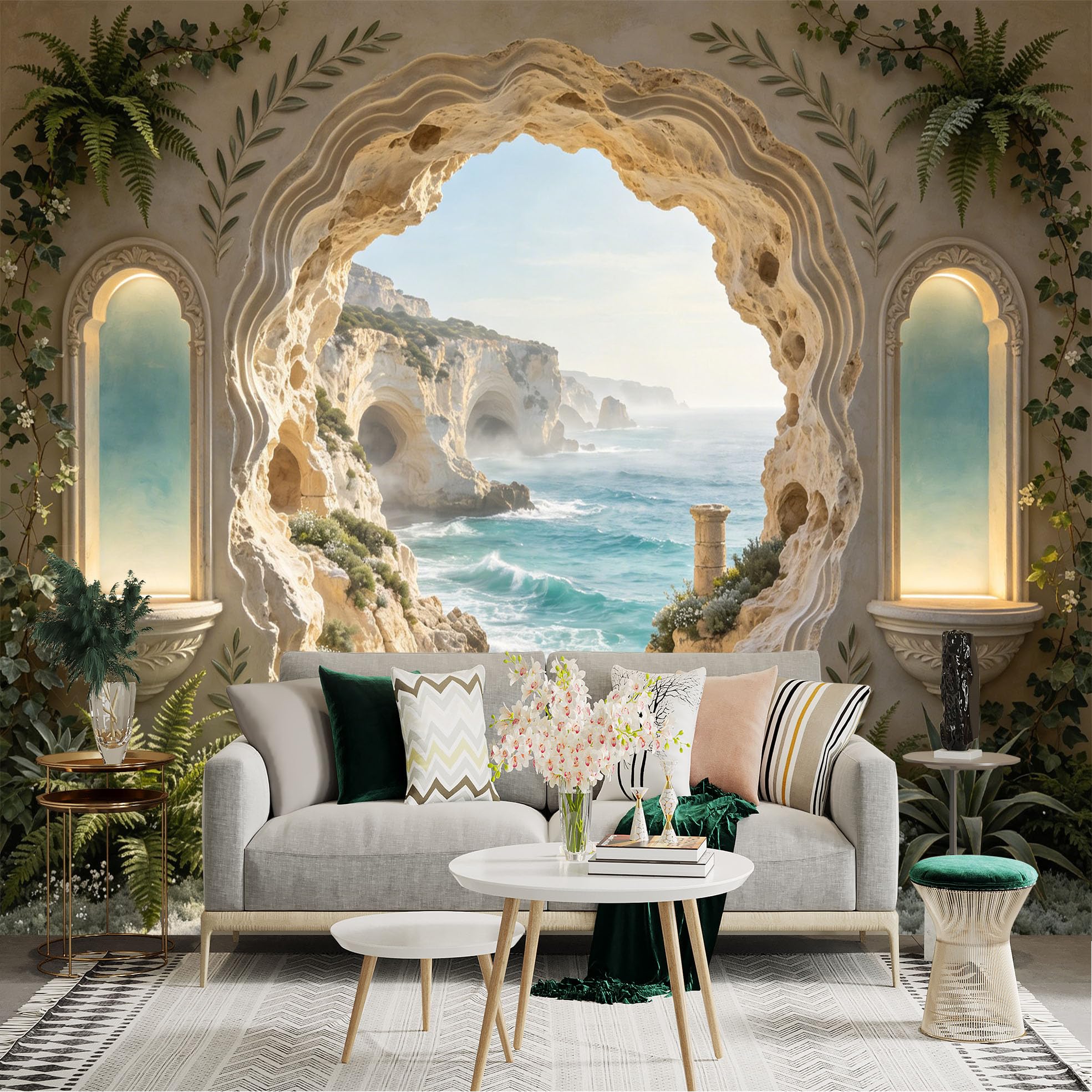 Custom Size Wall Sticker Mural， Coastal Archway with Ocean View， Cliff Caves and Greenery， for wall Decoration， peelandstick wall Decals.