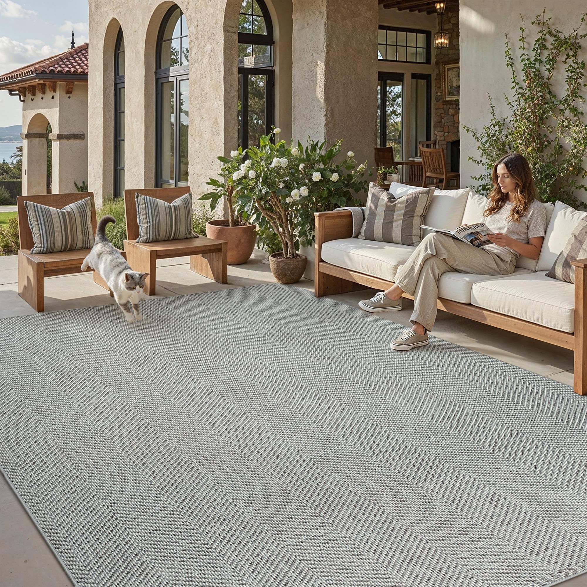 PureCozy Outdoor Teppich Wohnzimmer 160x230cm Outdoorteppich Wetterfest Balkon Grau Teppiche Jute Optik rutschfest Waschbarer Indoor Groß Carpet Garten Esszimmer Terrassen BüRo Rug