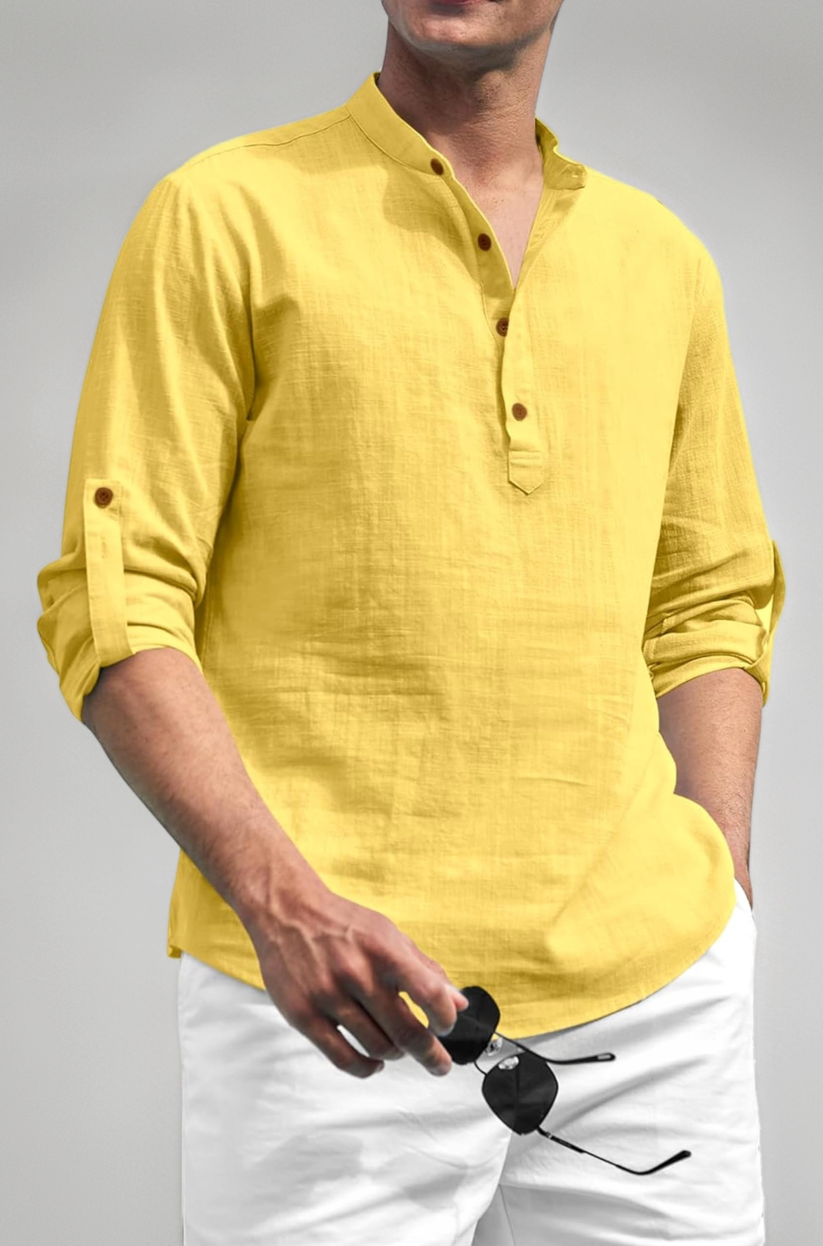 Zombom Cotton Polyester Blend Solid Casual Regular Fit Mandarin/Chinese Collor Short Kurta for Men