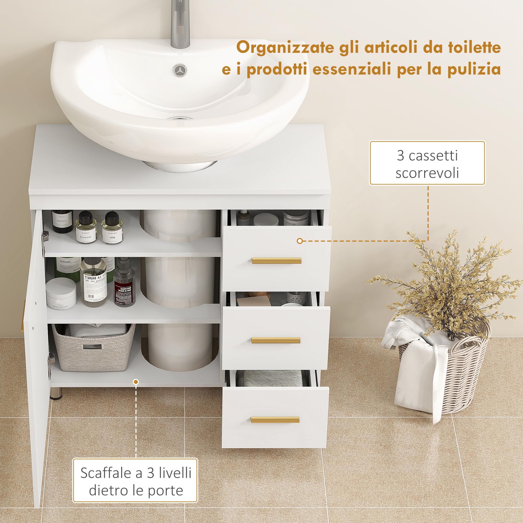 HOMCOM Mobile Sottolavabo per Bagno con 3 Cassetti, Armadietto a 3 Ripiani e Soft Close, Mobiletto Sottolavabo Salvaspazio con Intaglio a U, per Lavabi con e Senza Piedistallo, 70x30x65cm, Bianco