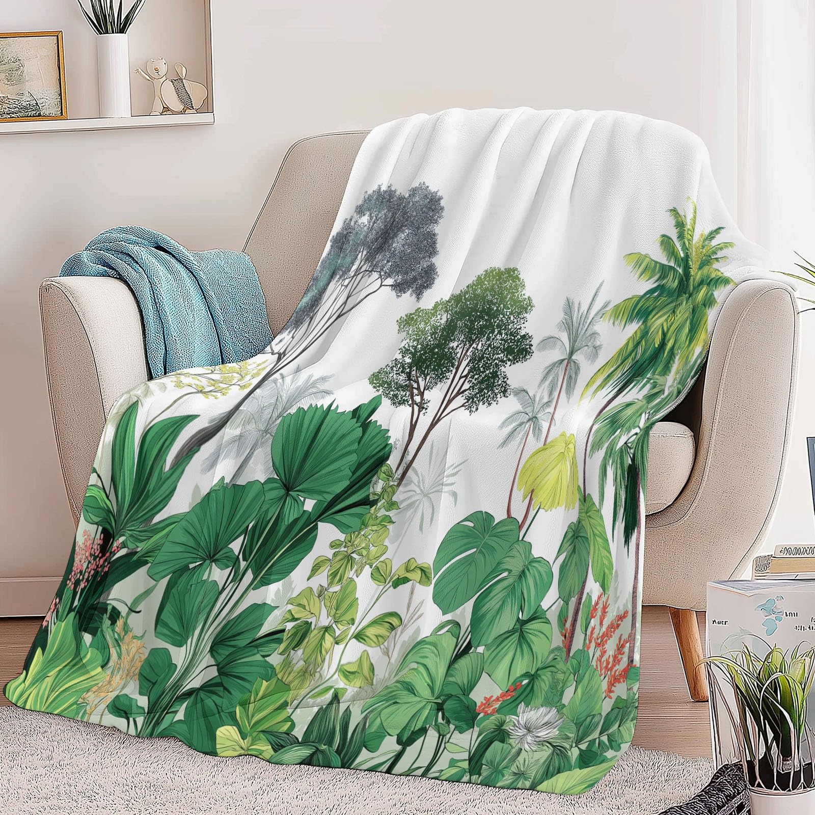 Coperta Plaid Pile in Flanella 180x220 cm Coperta Pile Piccola Giungla Piante Tropicale, Morbida Soffice Calda Coperte per Divano Singolo Matrimoniale Letto Verde