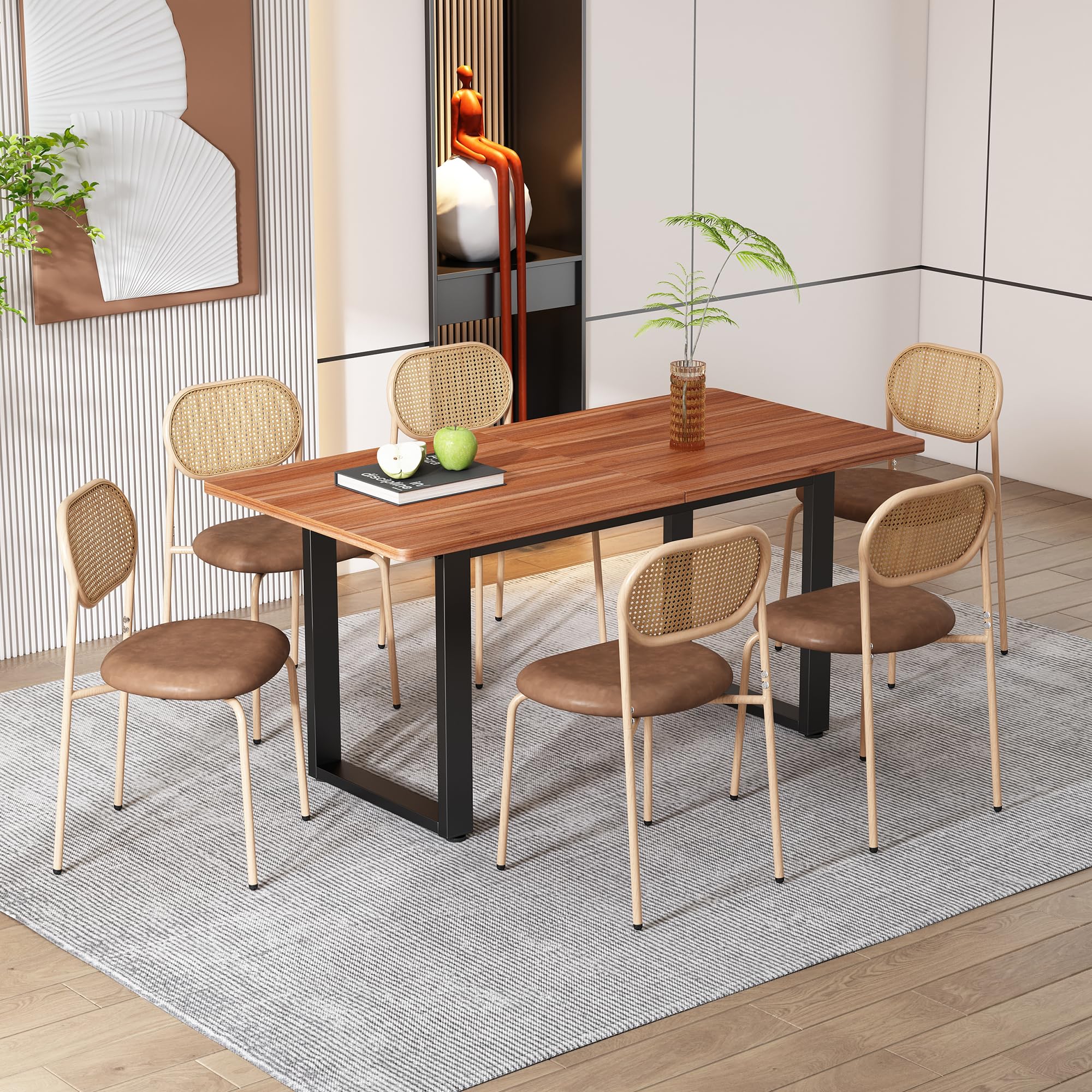 Merax Juego de 6 sillas de comedor, Sillas de cocina modernas con respaldo de ratán, Sillas de comedor con cuatro patas de soporte de metal, PU, Marrón