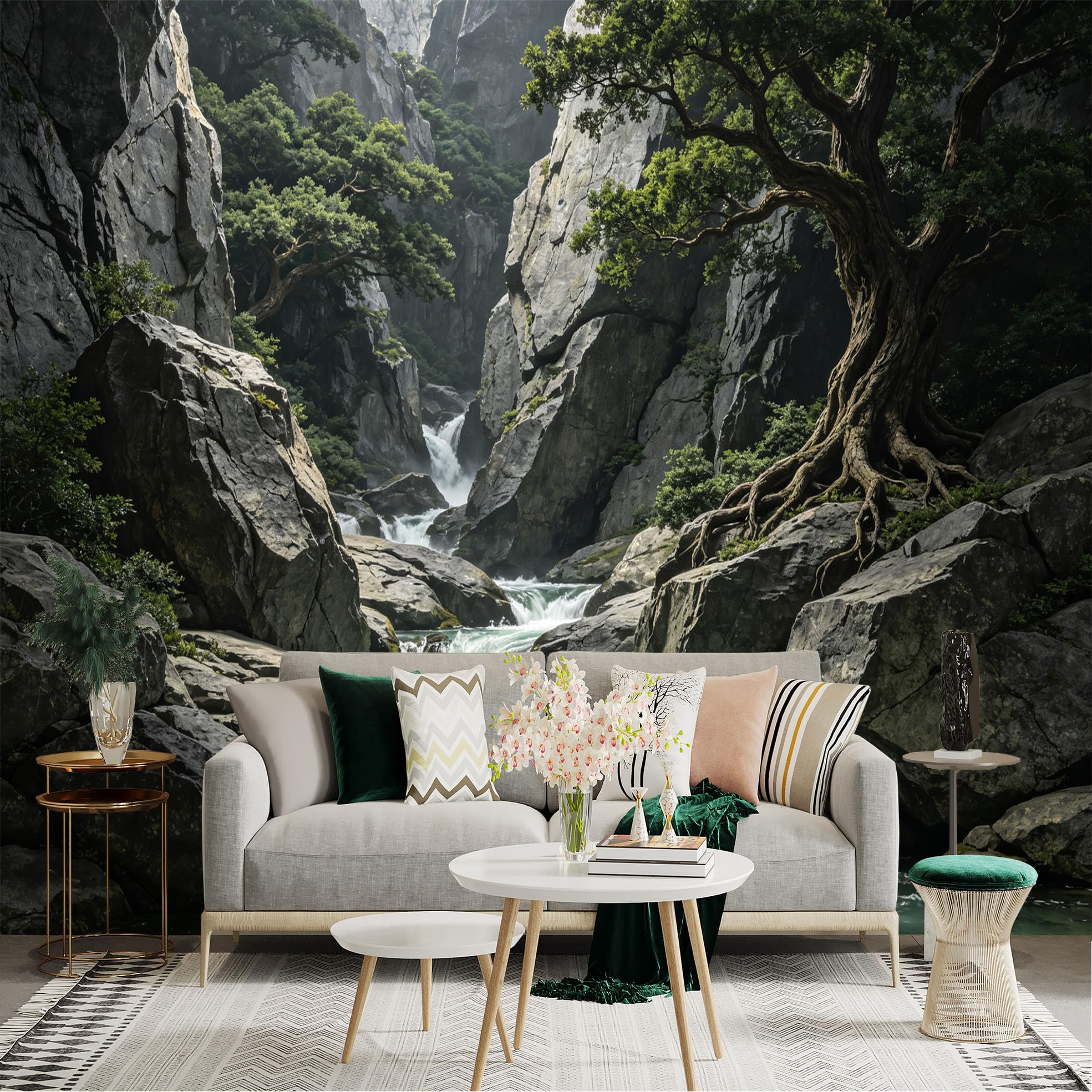 Lnzczhyre Dbh260521115 Custom Size Wall Sticker Mural， Majestic Mountain Canyon， Flowing River Waterfalls， Ancient Twisted Tree， Rugged Rocky Landscape， For Wall Decoration， Peelandstick Wall Decals.
