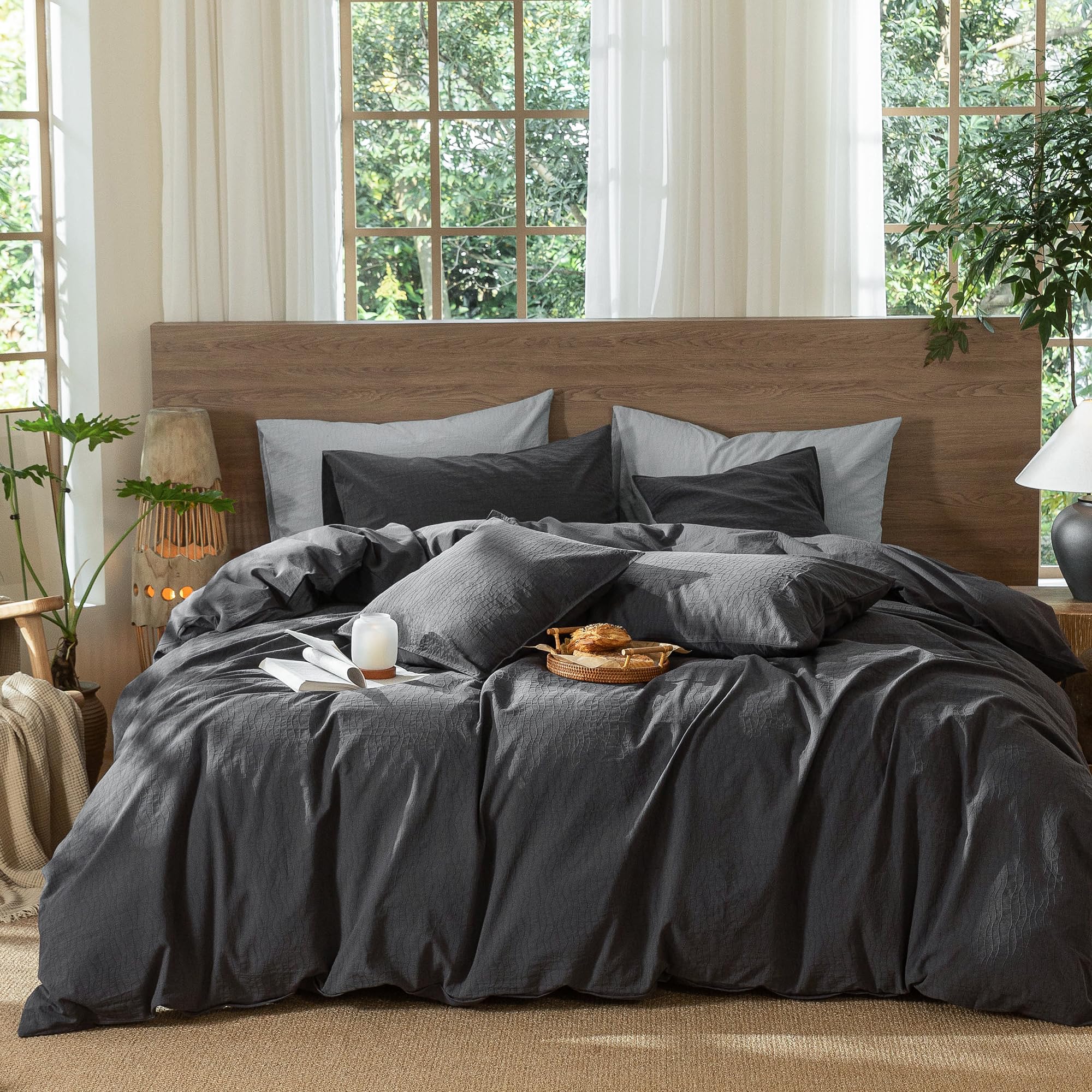 MooMee Jacquard Duvet Cover Set 100% Washed Cotton Linen Like