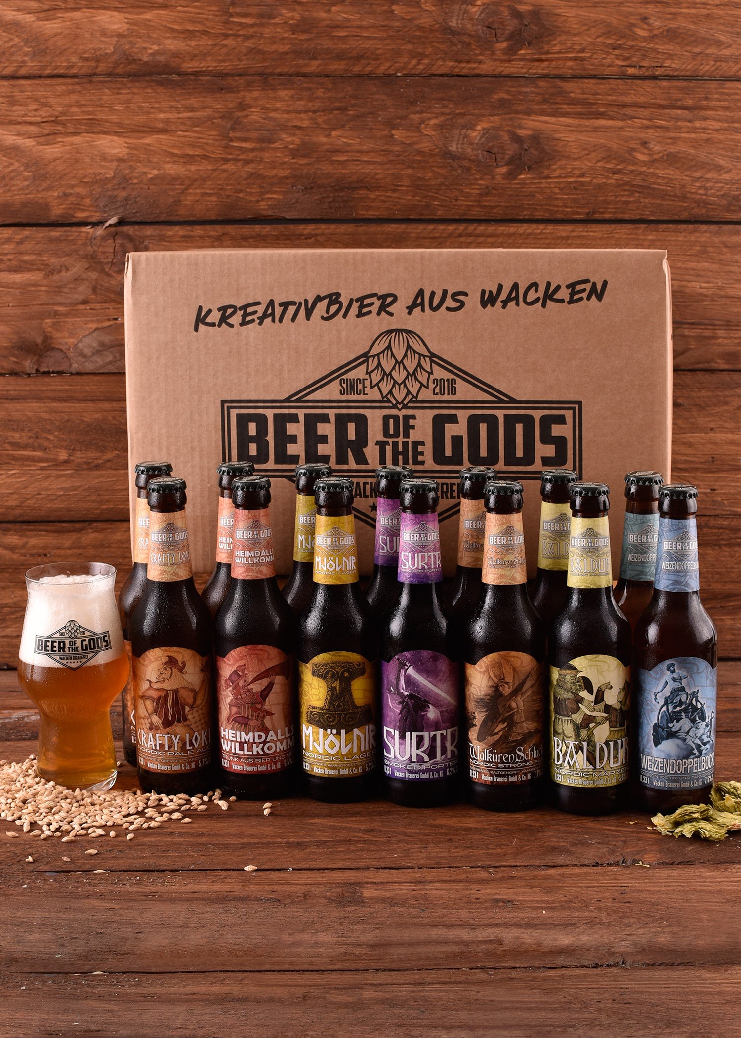 WACKEN BRAUEREI Craft Beer Box 16 x 0,33 l verschiedene Sorten + Bierglas BEER OF THE GODS | GÖTTERGABE | Viking Craftbeer Set Gift for Men | Wikinger Kraft Bier Geschenk für Männer | Party Festival | GÖTTERGABE, Viking Craftbeer Set, Gift for Men, Wiking