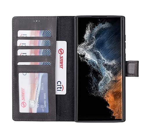 Genuine Premium Leather Samsung Galaxy S22 Ultra Wallet Case - Handmade - Detachable Strong Magnetic Flip Cover with Card Holders and Kickstand -