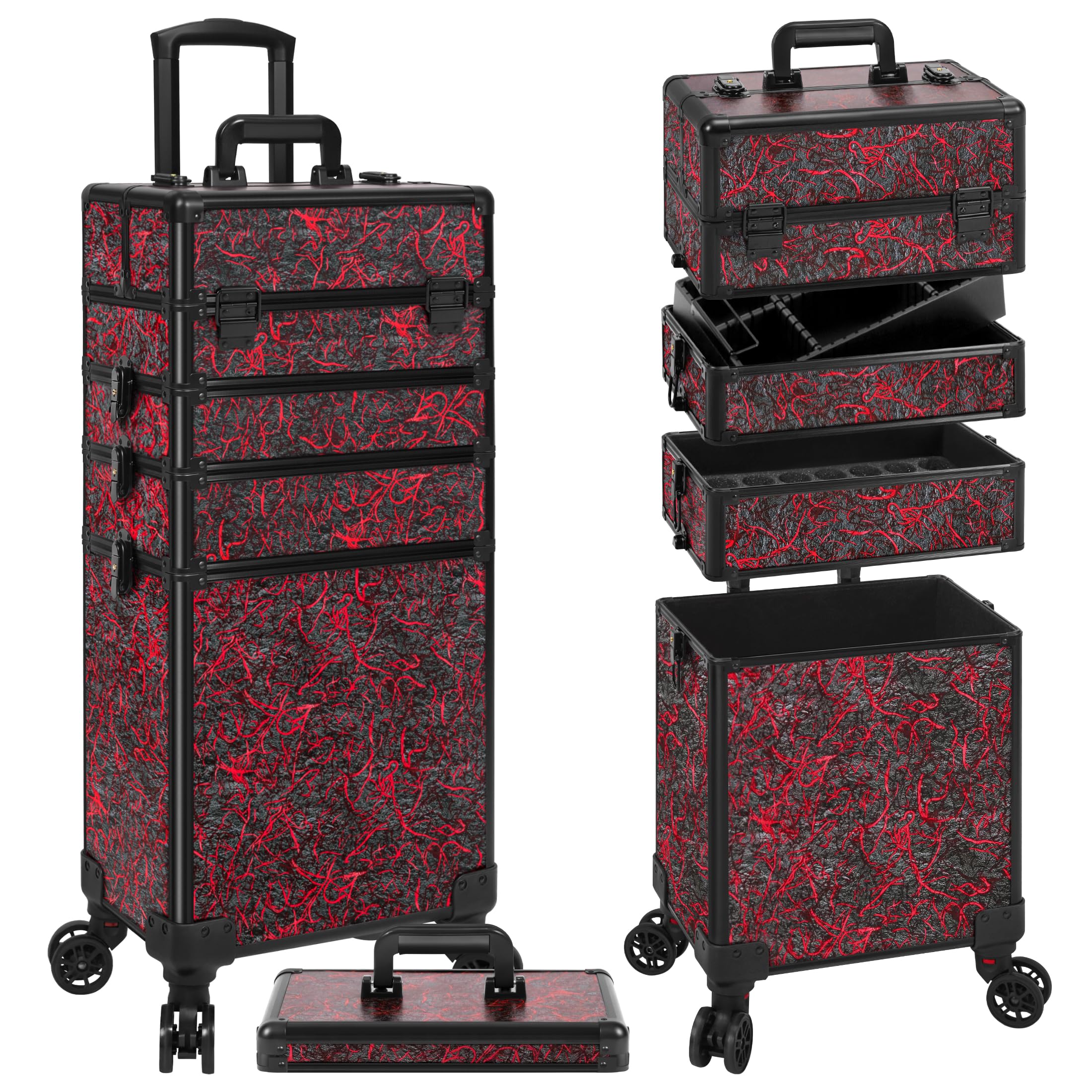 Arous 5-in-1-Kosmetik-Trolley mit Rollen, Abschließbar, für Friseure, Künstler, Reisen, Nägel, Rot, Make-up-Tasche zum Rollen