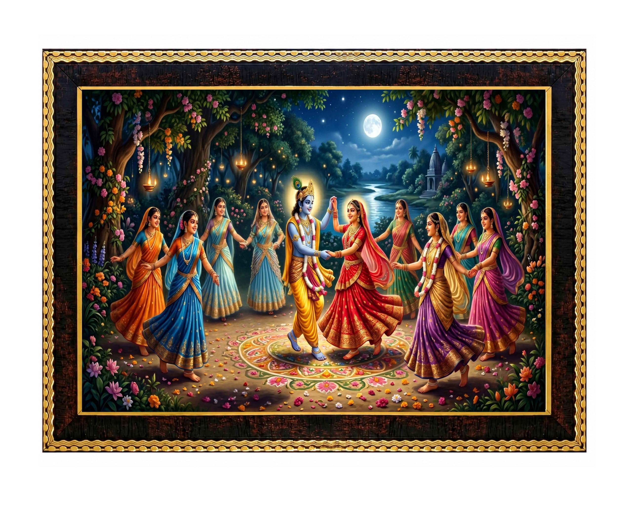 Radha Ji Krishna Ji and Astha Sakhi Ras Leela Photo Frame Painting for Pooja Room, Office, Living Room Wall Hanging and Tabletop (8X10 Inch, Synthetic Wood, Acrylic Glass, Brown)-image-25