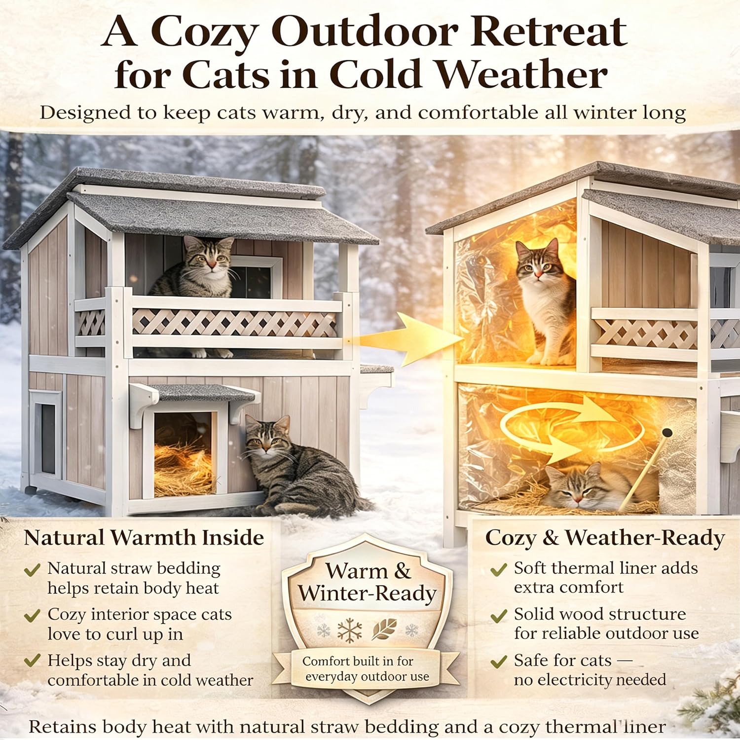 Gowoodhut Feral Cat Shelter Outdoor Weatherproof Houses for Cats Two Story Wooden Cat House Outside Feral Cat House with Balcony Waterproof, Escape Doors